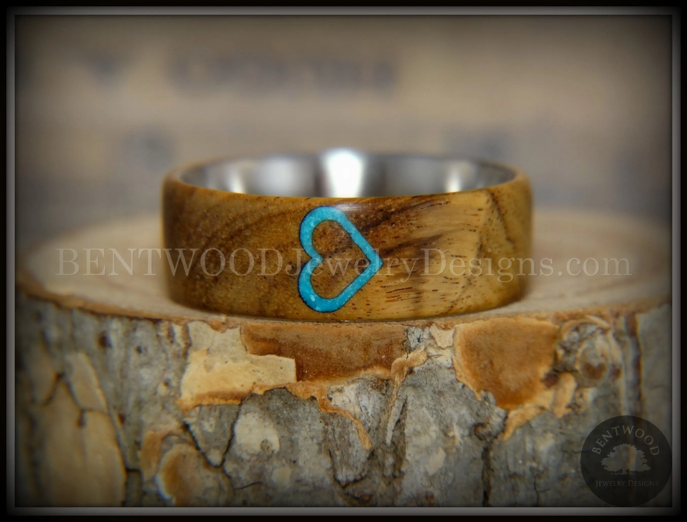 Bentwood Ring - "The Heart" Light Mahogany Sleeping Beauty Turquoise Inlay