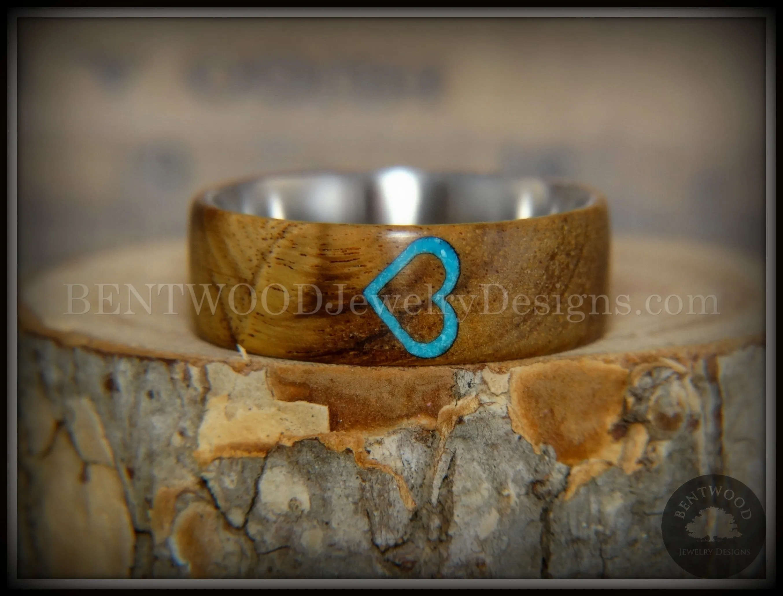 Bentwood Ring - "The Heart" Light Mahogany Sleeping Beauty Turquoise Inlay