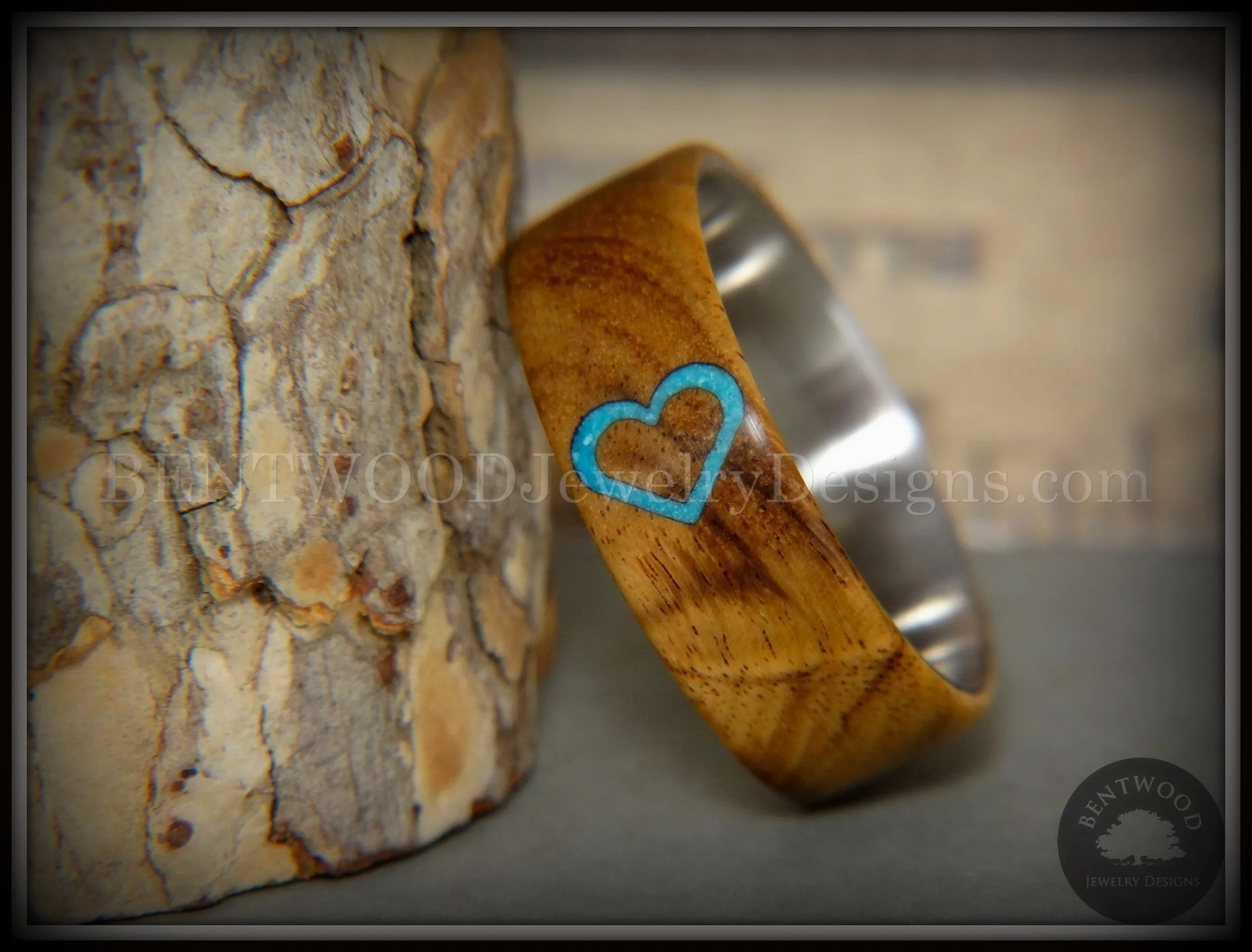 Bentwood Ring - "The Heart" Light Mahogany Sleeping Beauty Turquoise Inlay
