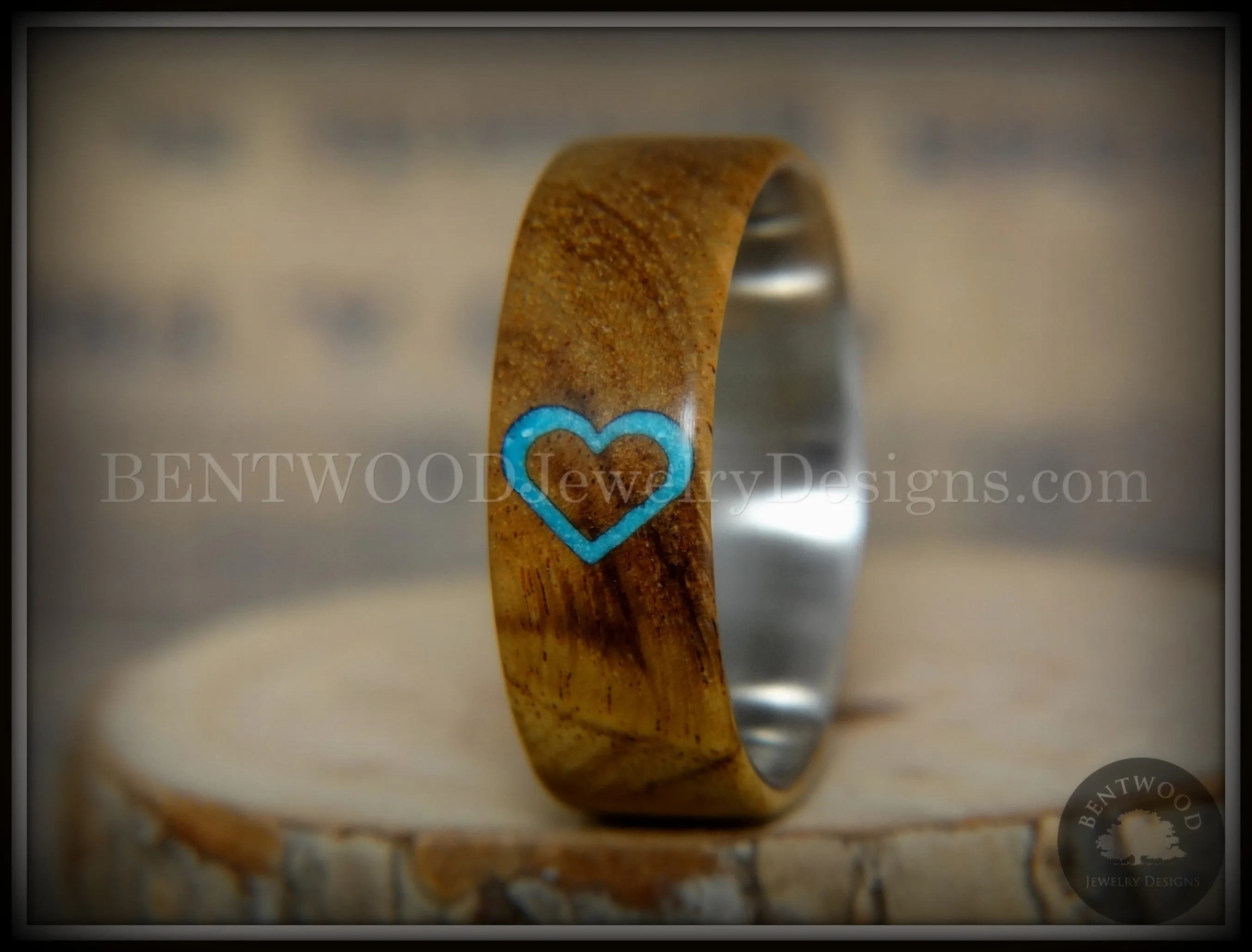 Bentwood Ring - "The Heart" Light Mahogany Sleeping Beauty Turquoise Inlay