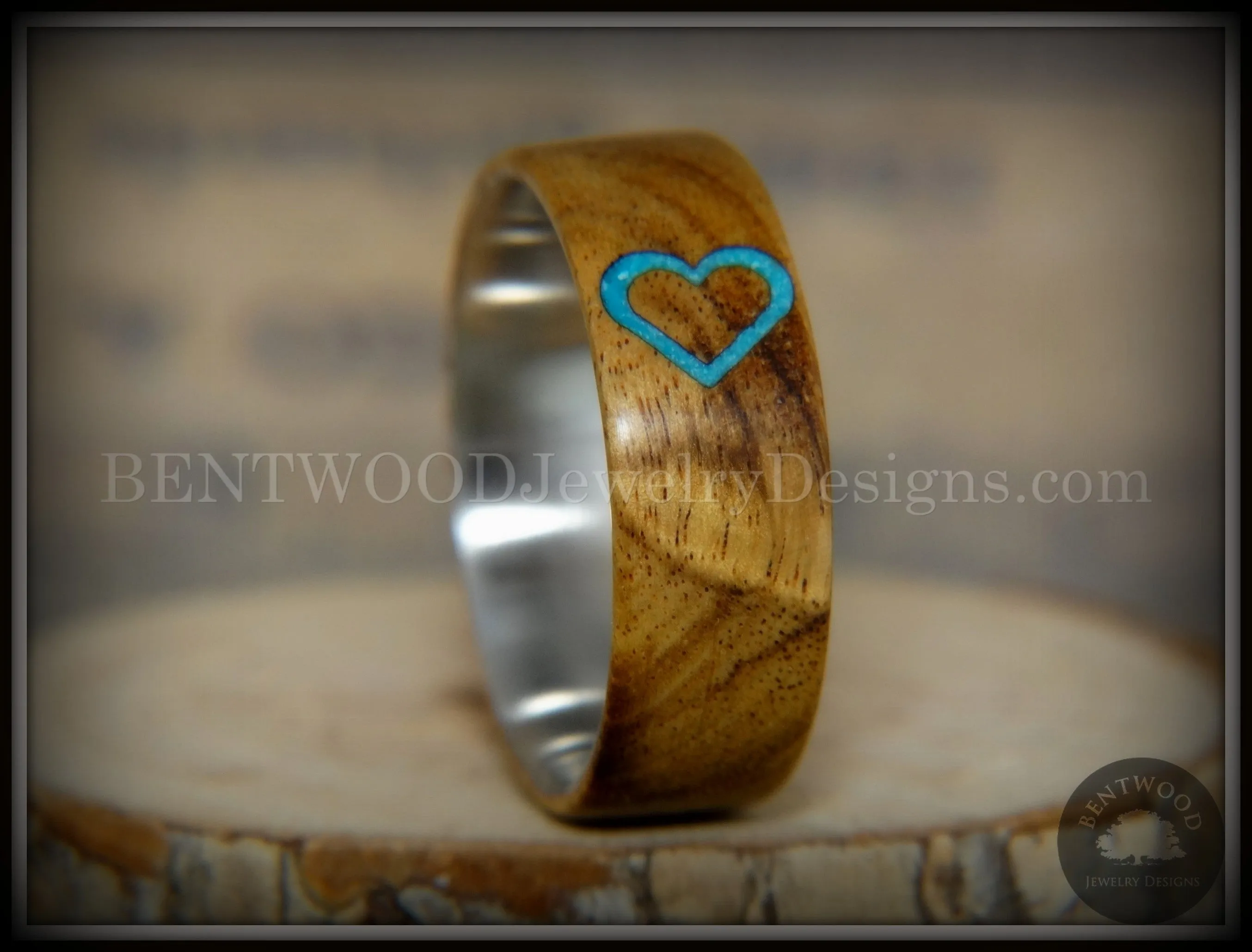 Bentwood Ring - "The Heart" Light Mahogany Sleeping Beauty Turquoise Inlay