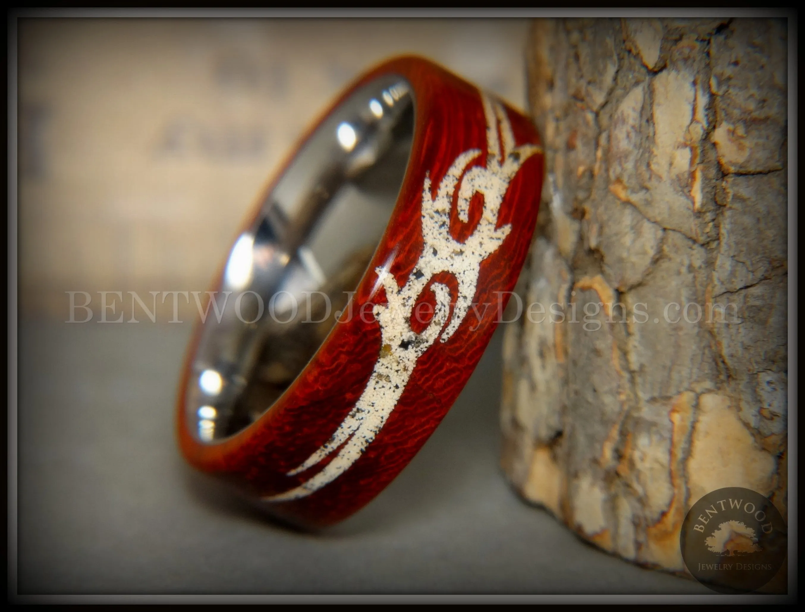 Bentwood Ring - "Tribal" African Padauk on Titanium Core with Tribal Symbol Cape Town Beach Sand Inlay