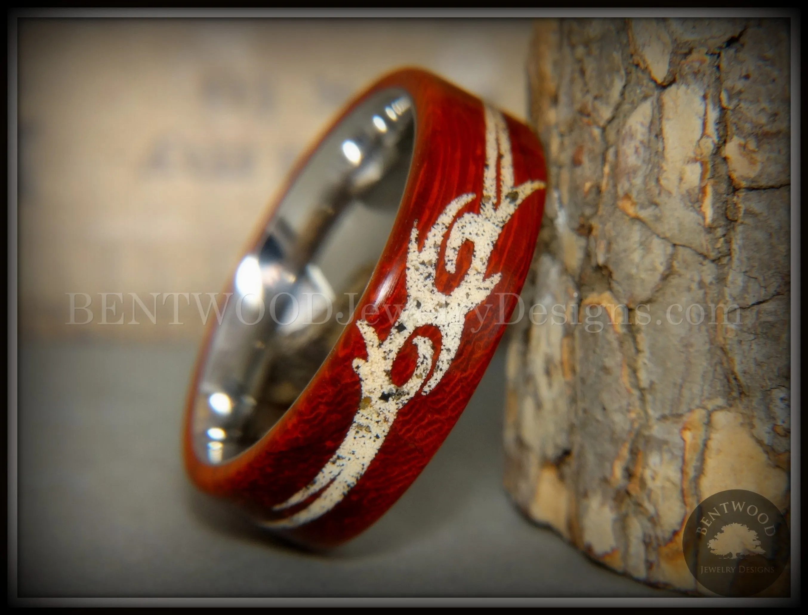 Bentwood Ring - "Tribal" African Padauk on Titanium Core with Tribal Symbol Cape Town Beach Sand Inlay