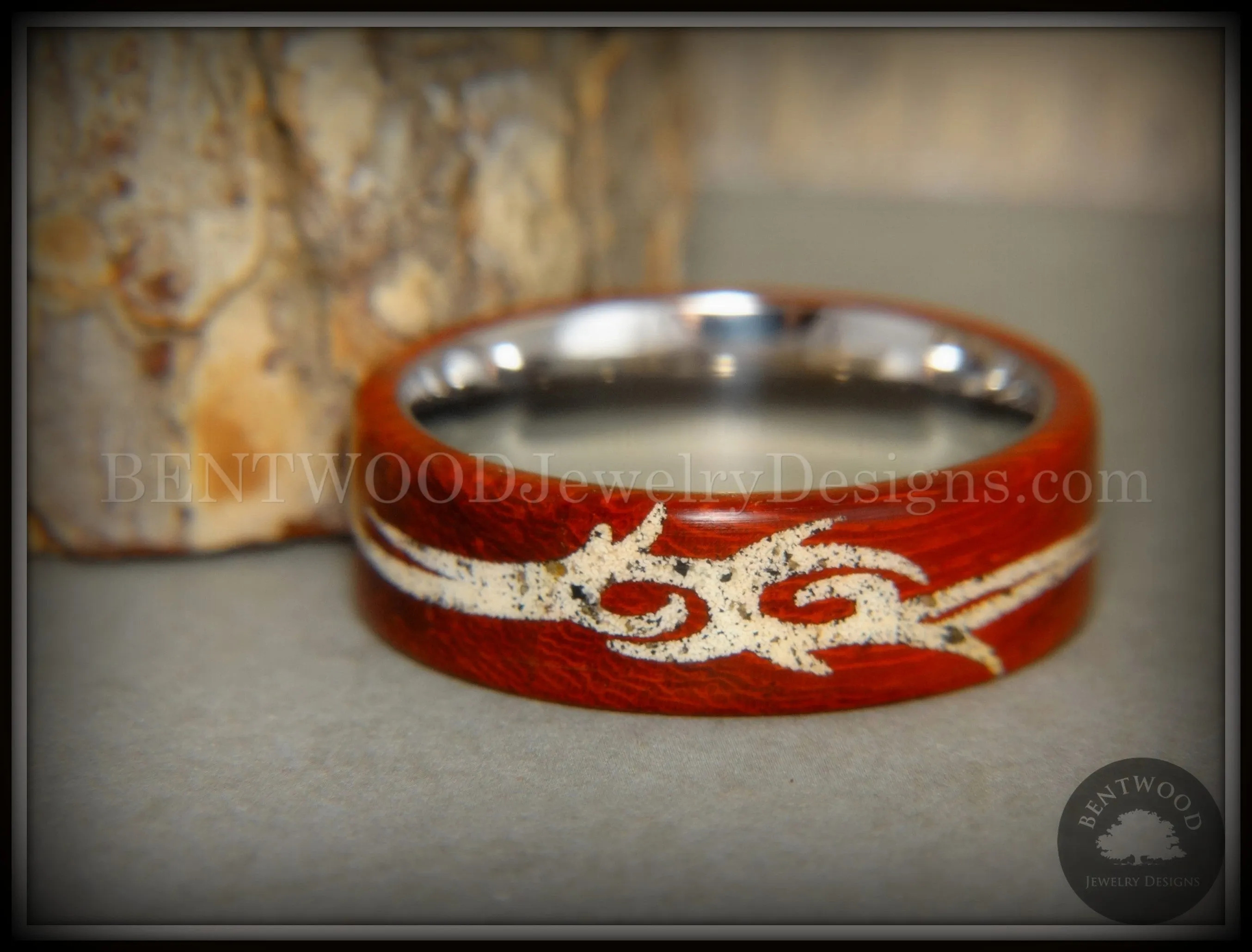Bentwood Ring - "Tribal" African Padauk on Titanium Core with Tribal Symbol Cape Town Beach Sand Inlay