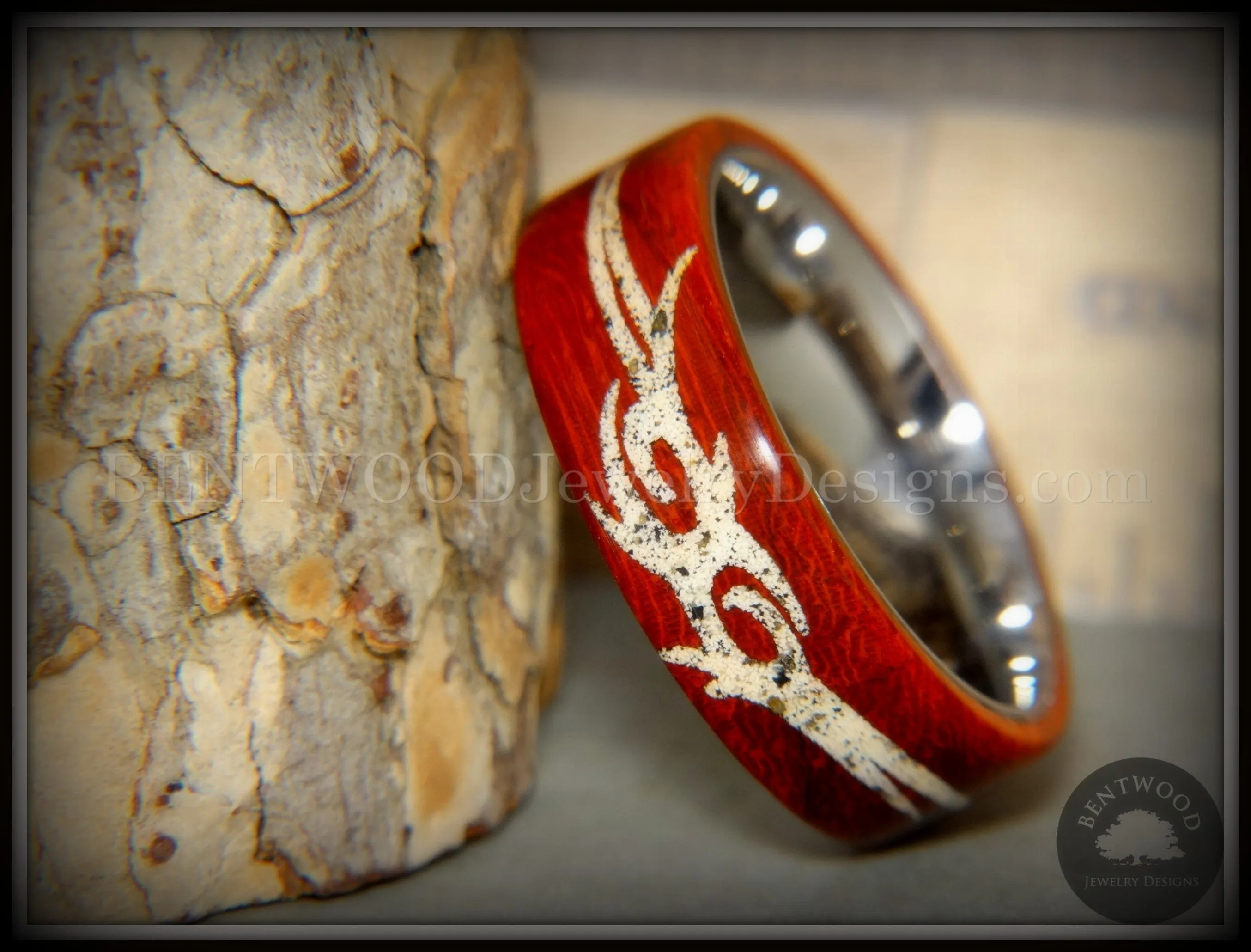 Bentwood Ring - "Tribal" African Padauk on Titanium Core with Tribal Symbol Cape Town Beach Sand Inlay
