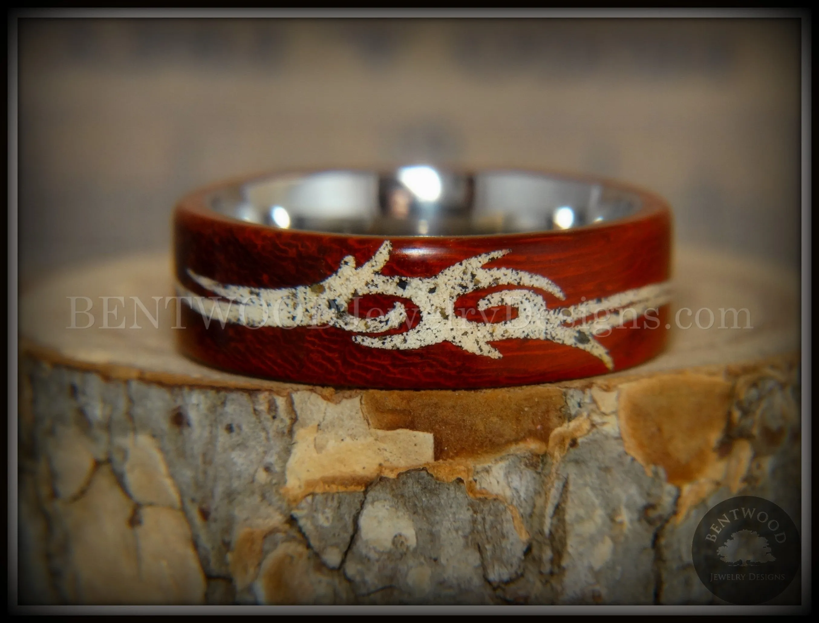 Bentwood Ring - "Tribal" African Padauk on Titanium Core with Tribal Symbol Cape Town Beach Sand Inlay