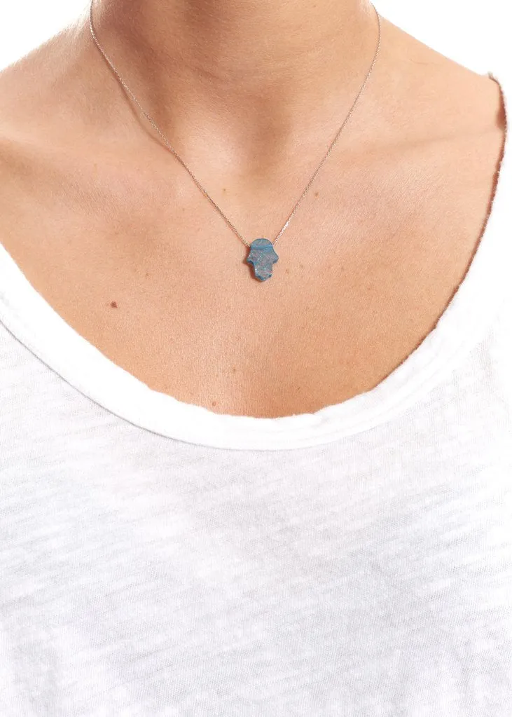 Blue Sterling Silver Necklace With Opal Hamsa