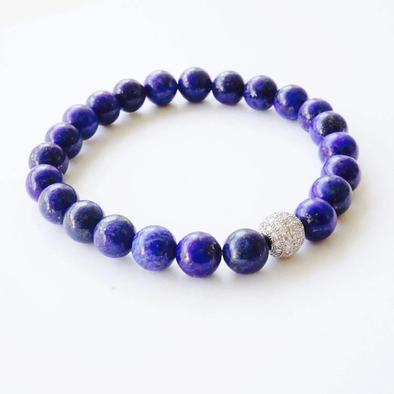 Carter 8mm Lazuli Lapis Beads & Sterling Silver Pave Bead Stretch Bracelet