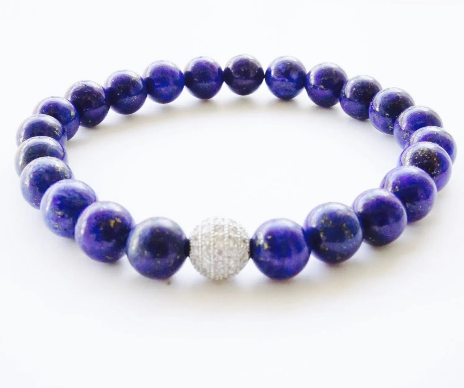 Carter 8mm Lazuli Lapis Beads & Sterling Silver Pave Bead Stretch Bracelet
