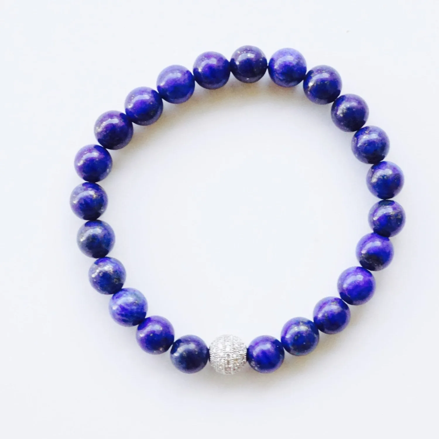 Carter 8mm Lazuli Lapis Beads & Sterling Silver Pave Bead Stretch Bracelet