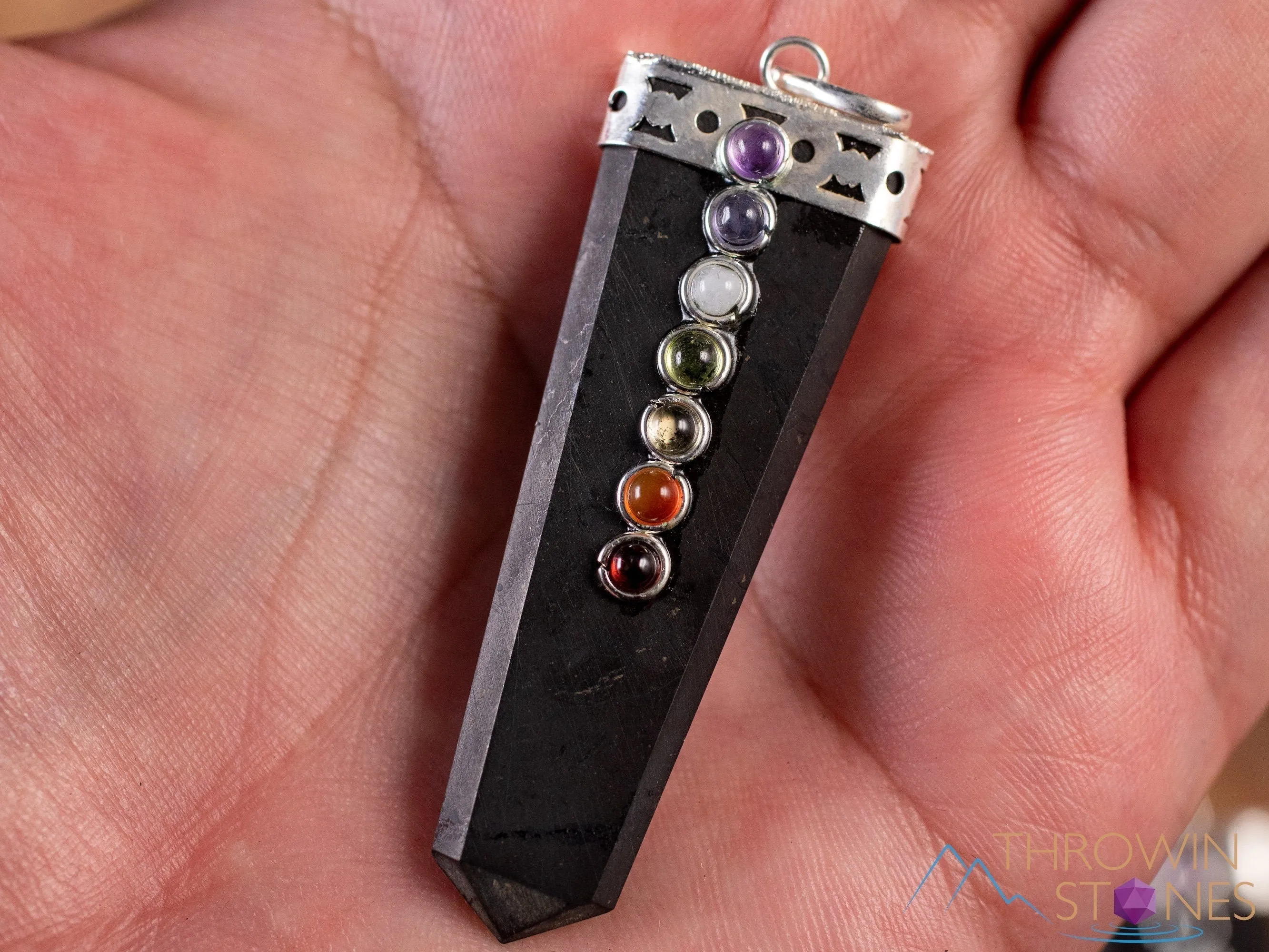 CHAKRA & SHUNGITE Crystal Pendant - Crystal Points, Handmade Jewelry, EMF Protection, E1918
