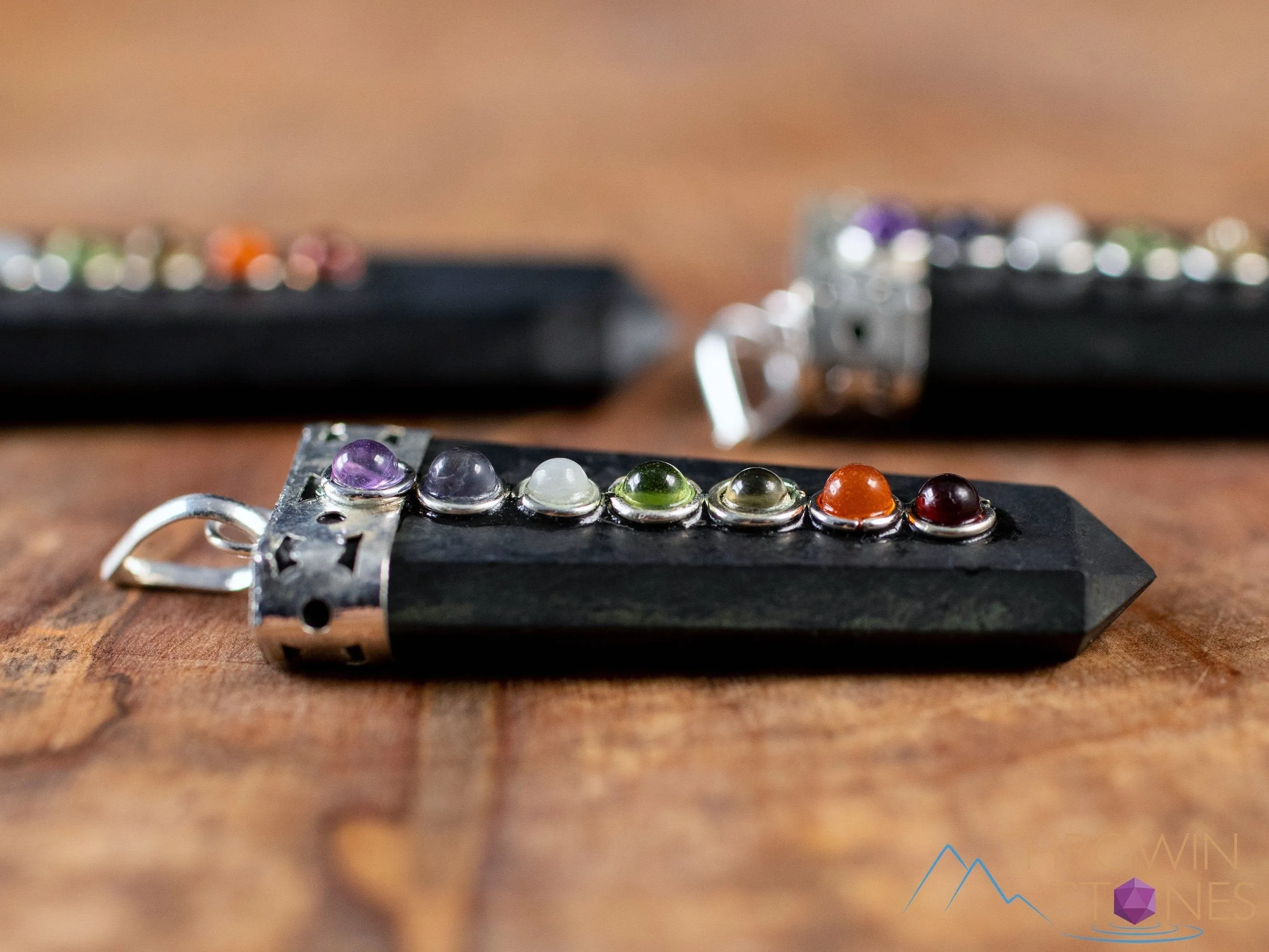 CHAKRA & SHUNGITE Crystal Pendant - Crystal Points, Handmade Jewelry, EMF Protection, E1918