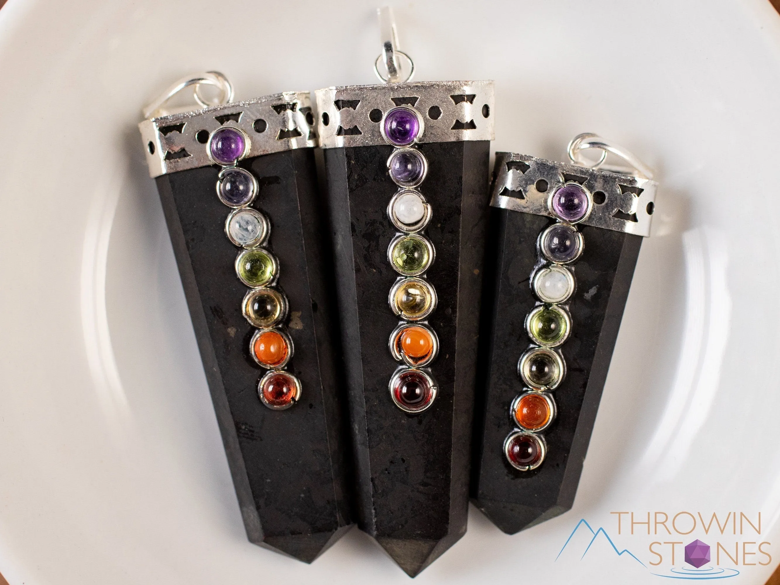 CHAKRA & SHUNGITE Crystal Pendant - Crystal Points, Handmade Jewelry, EMF Protection, E1918