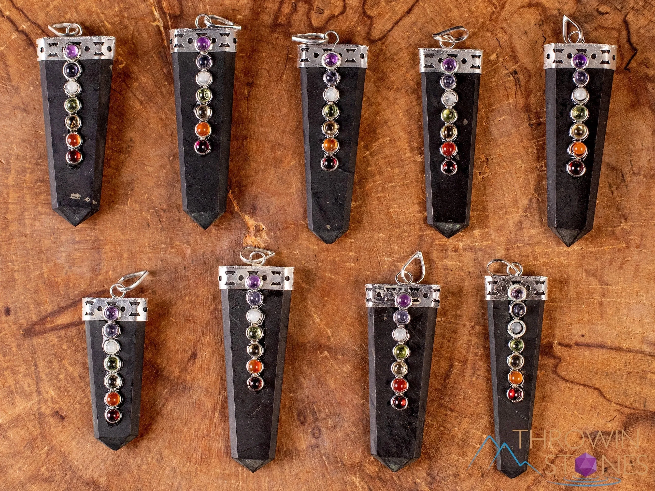 CHAKRA & SHUNGITE Crystal Pendant - Crystal Points, Handmade Jewelry, EMF Protection, E1918