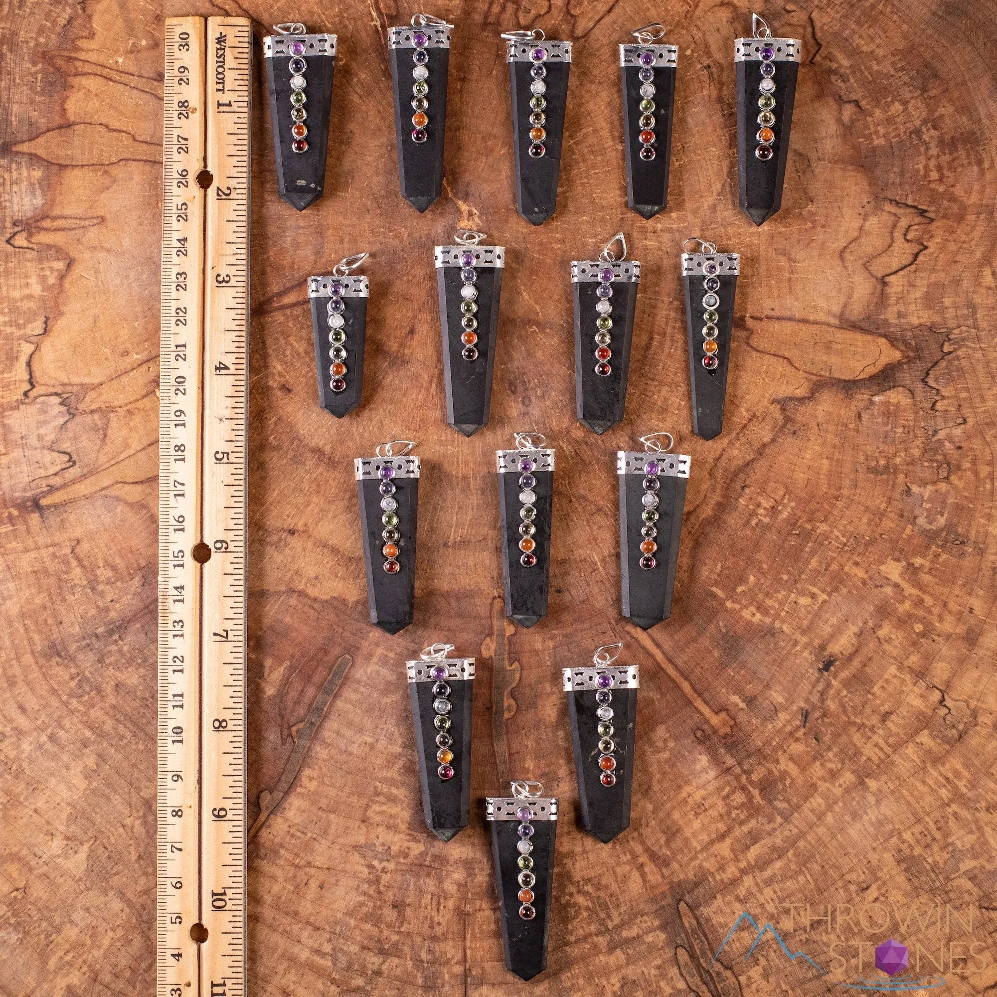 CHAKRA & SHUNGITE Crystal Pendant - Crystal Points, Handmade Jewelry, EMF Protection, E1918