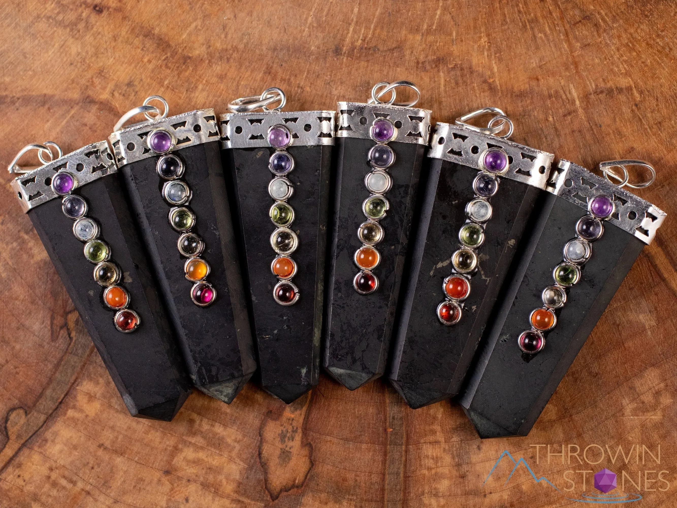 CHAKRA & SHUNGITE Crystal Pendant - Crystal Points, Handmade Jewelry, EMF Protection, E1918