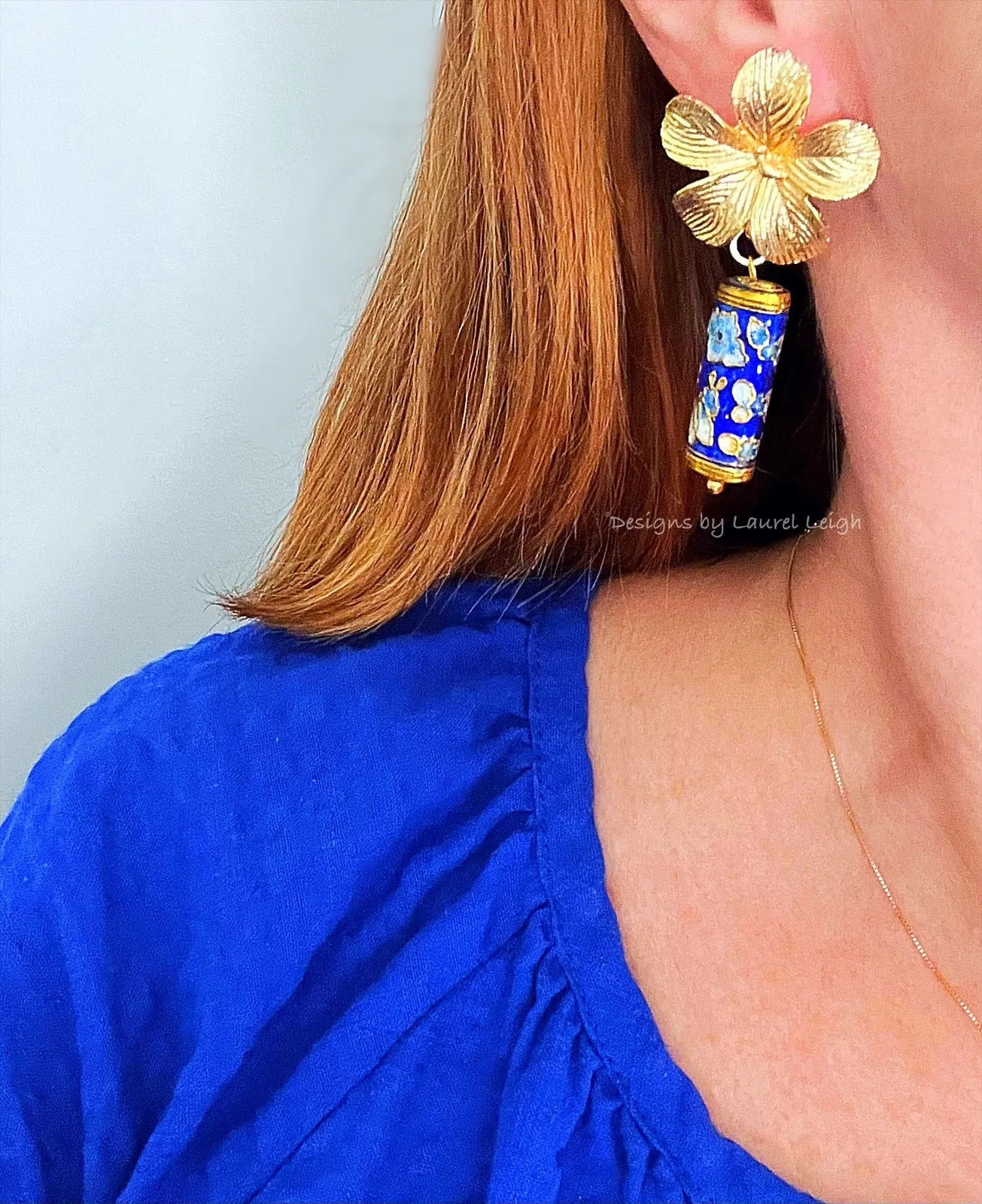 Chinoiserie Blue Cloisonné Floral Earrings