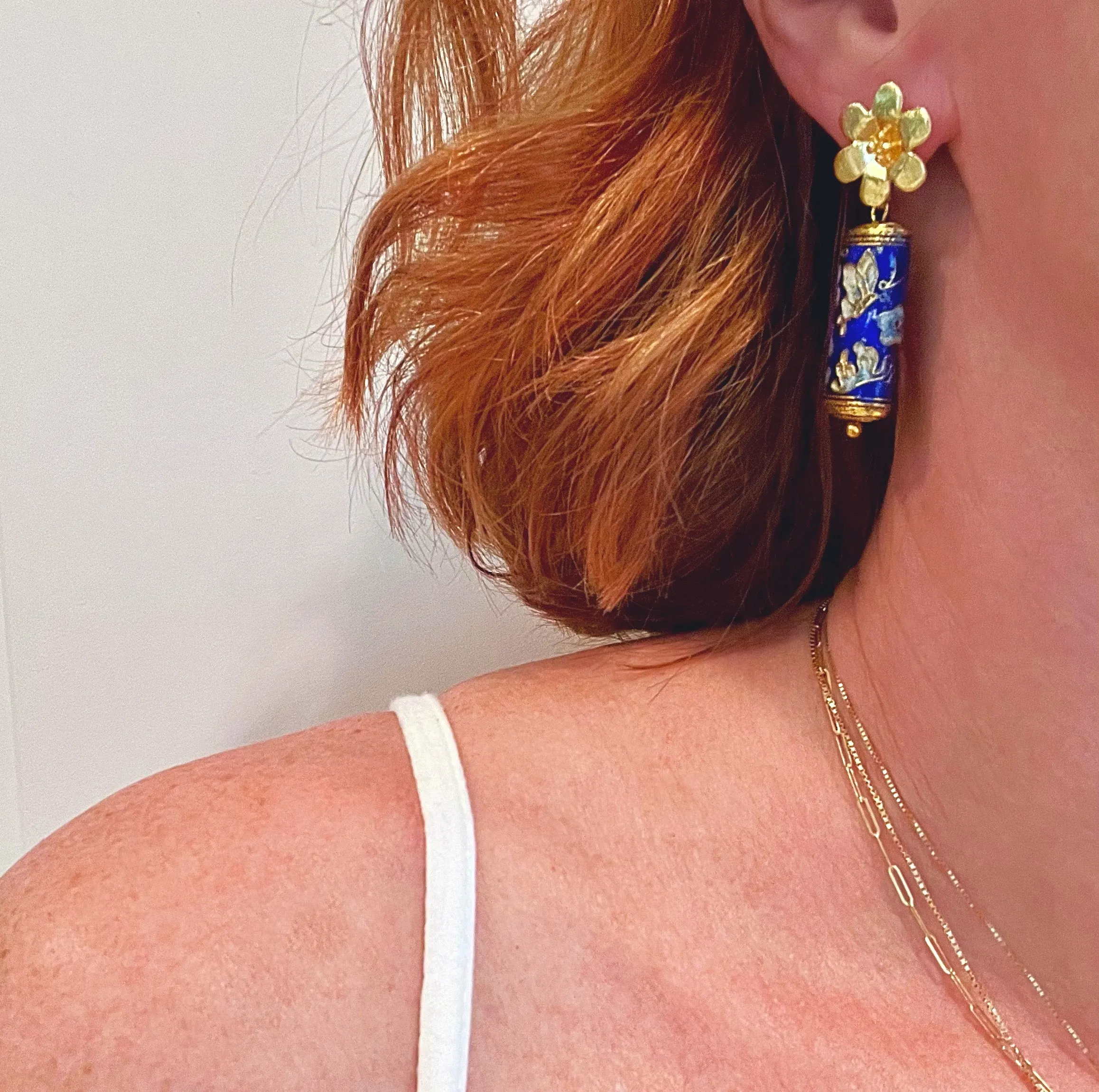 Chinoiserie Blue Cloisonné Floral Earrings
