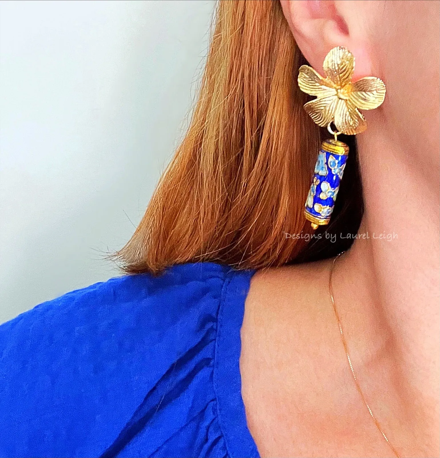 Chinoiserie Blue Cloisonné Floral Earrings