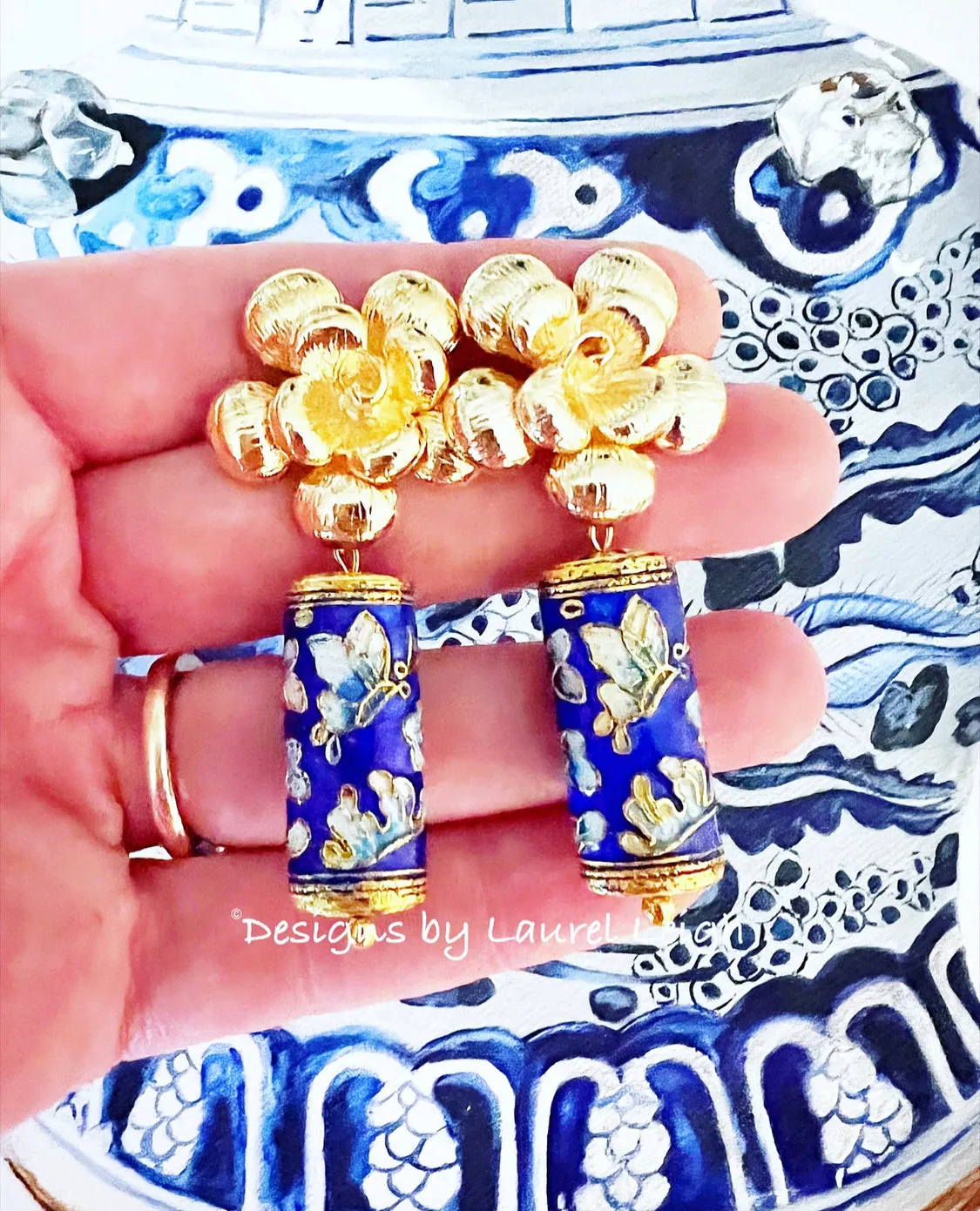 Chinoiserie Blue Cloisonné Floral Earrings