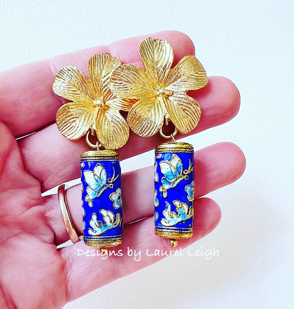 Chinoiserie Blue Cloisonné Floral Earrings