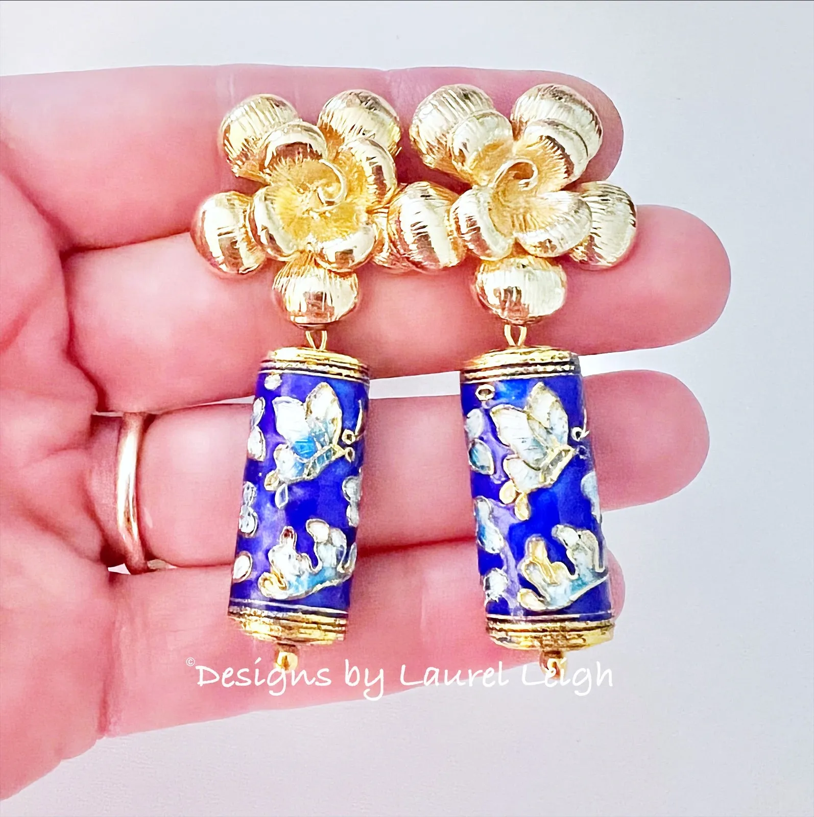 Chinoiserie Blue Cloisonné Floral Earrings