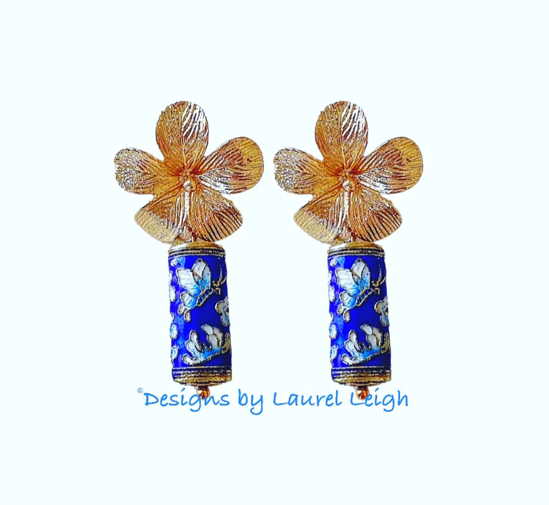 Chinoiserie Blue Cloisonné Floral Earrings