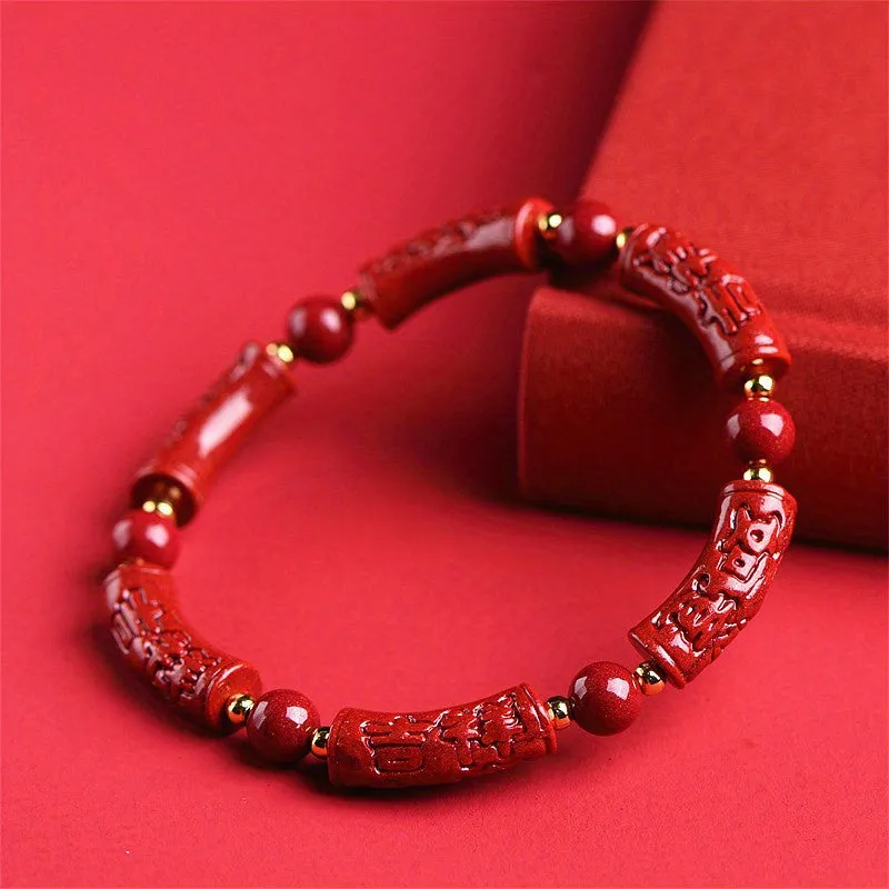 Cinnabar Carved Auspicious Bead Bracelet for Men | Red