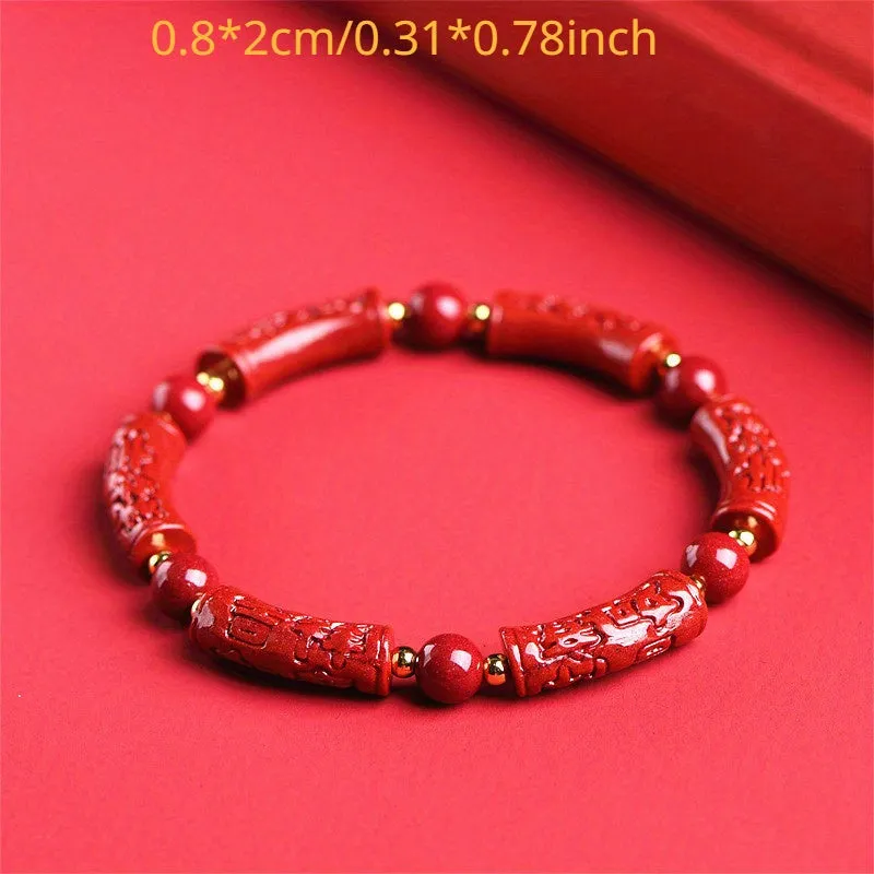 Cinnabar Carved Auspicious Bead Bracelet for Men | Red