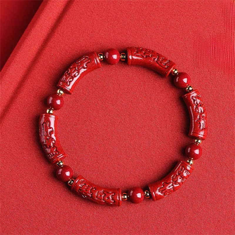 Cinnabar Carved Auspicious Bead Bracelet for Men | Red