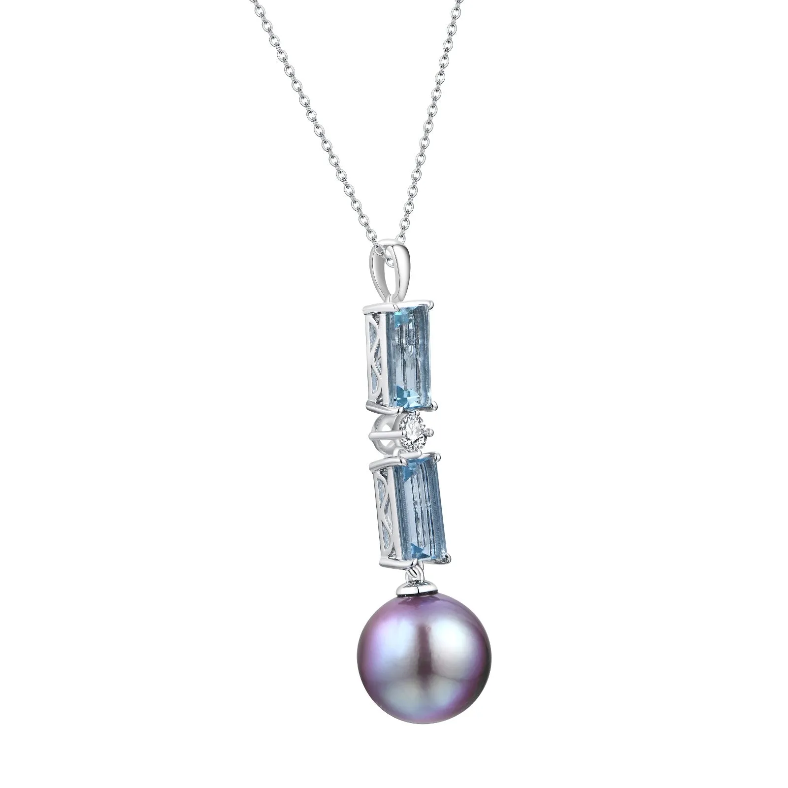 Classic Fresh Pearl Aquamarine and Diamond Pendant
