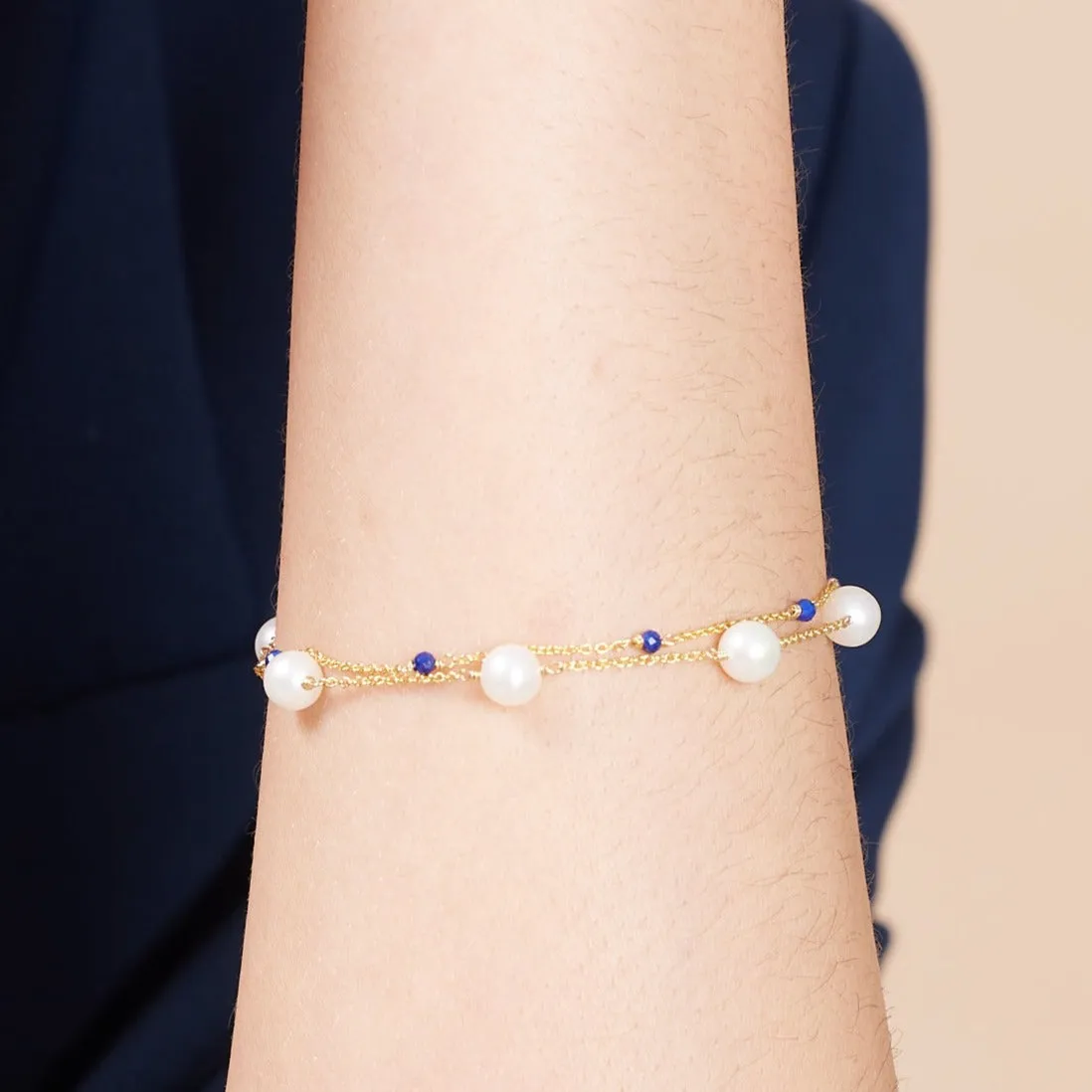 Credo fine double chain bracelet with cultured freshwater pearls & lapis lazuli