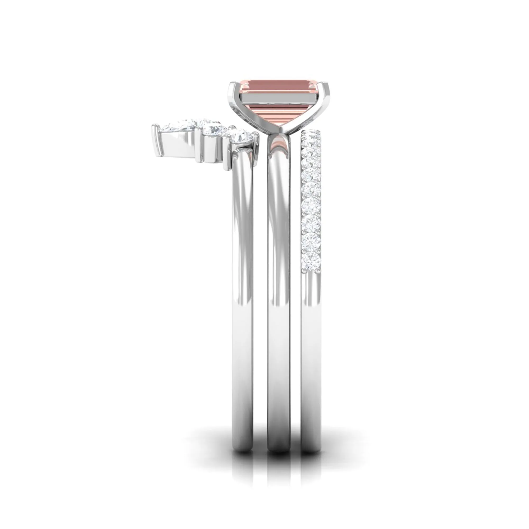 Emerald Cut Morganite Solitaire Ring Set of 3 with Diamond