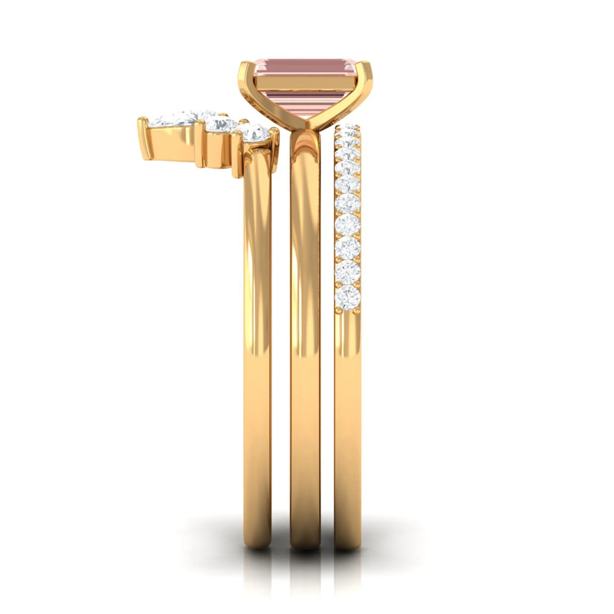 Emerald Cut Morganite Solitaire Ring Set of 3 with Diamond