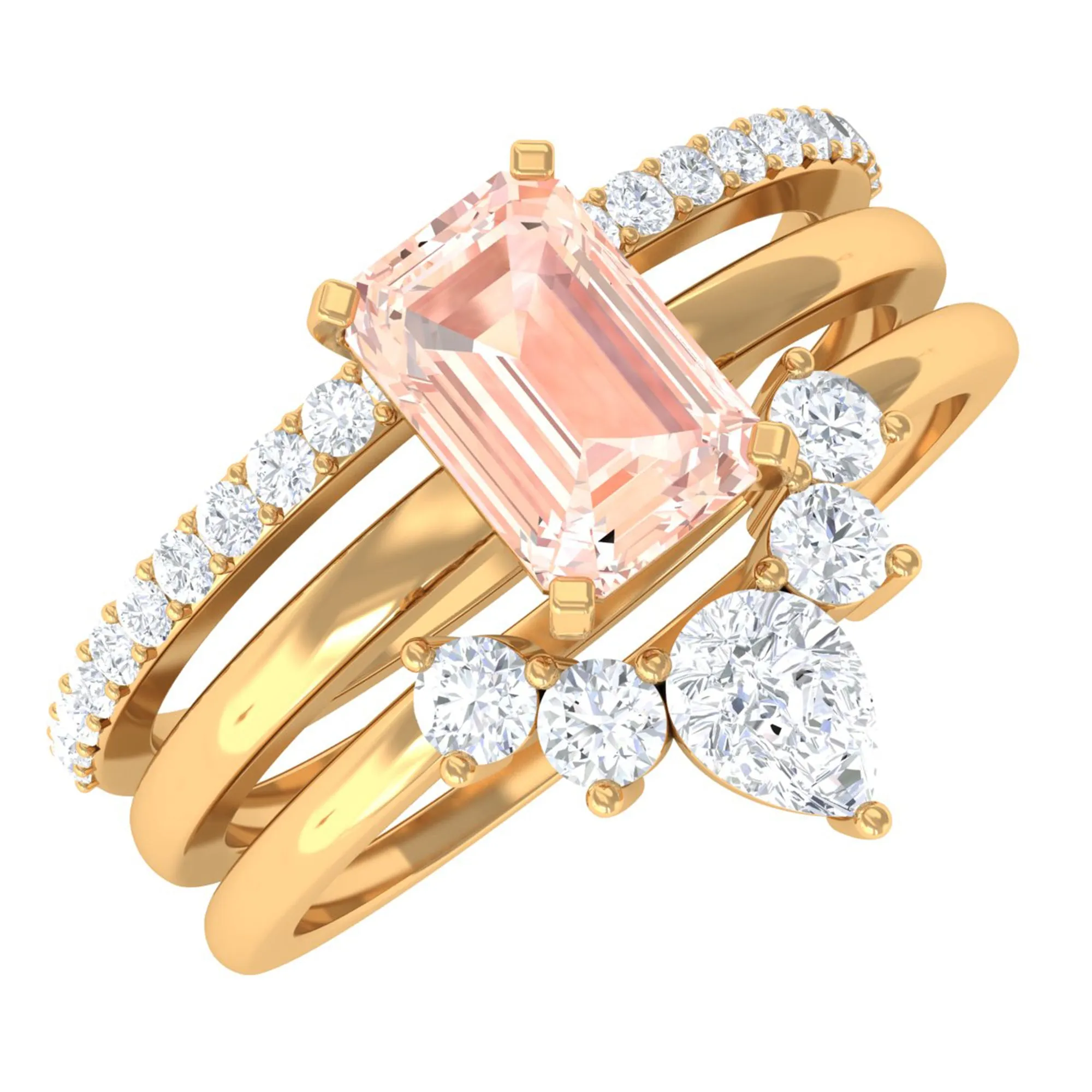 Emerald Cut Morganite Solitaire Ring Set of 3 with Diamond