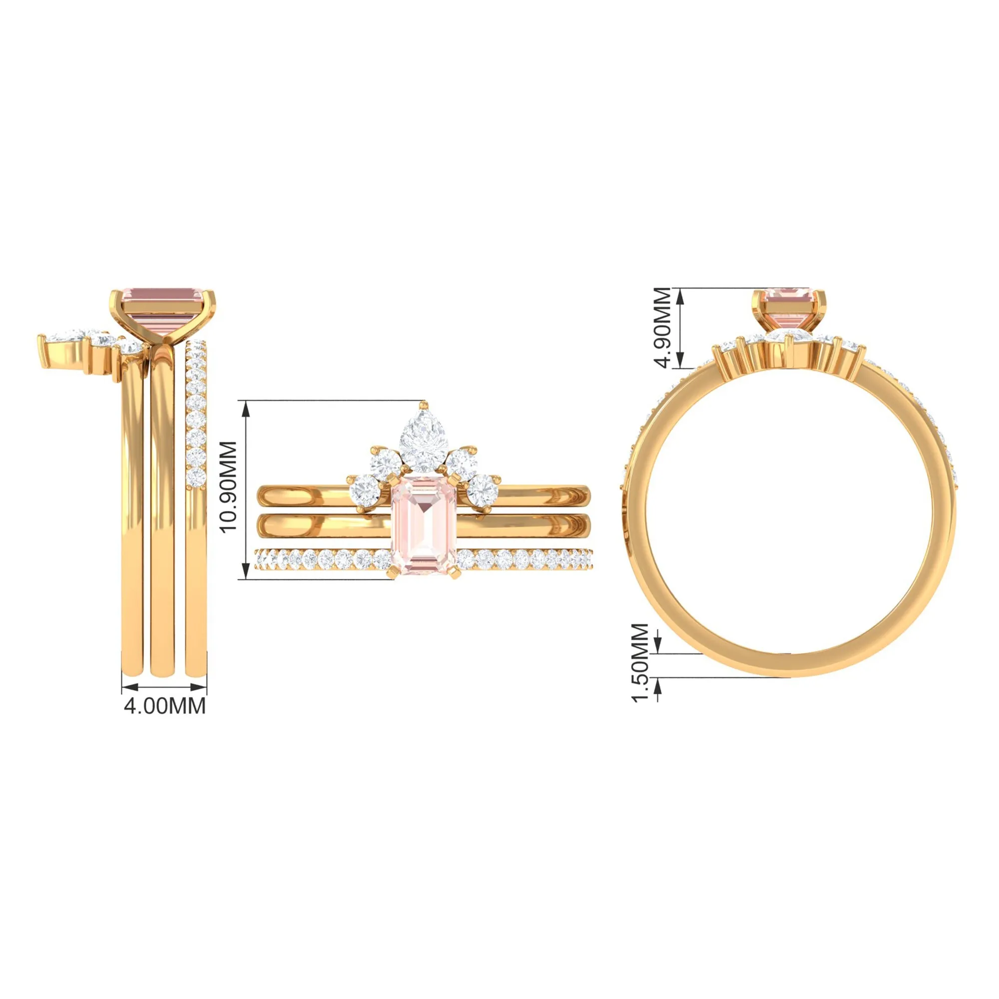Emerald Cut Morganite Solitaire Ring Set of 3 with Diamond