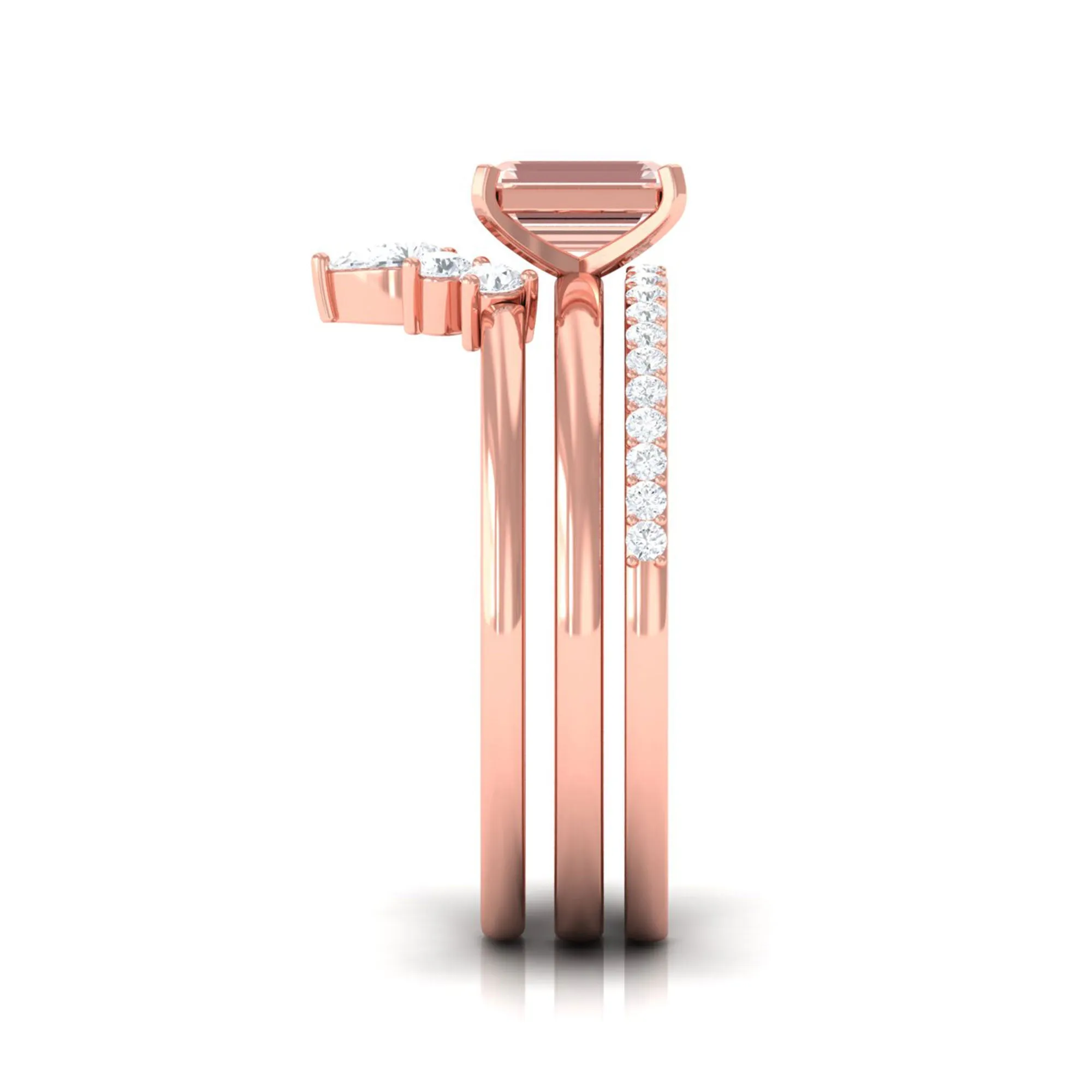 Emerald Cut Morganite Solitaire Ring Set of 3 with Diamond