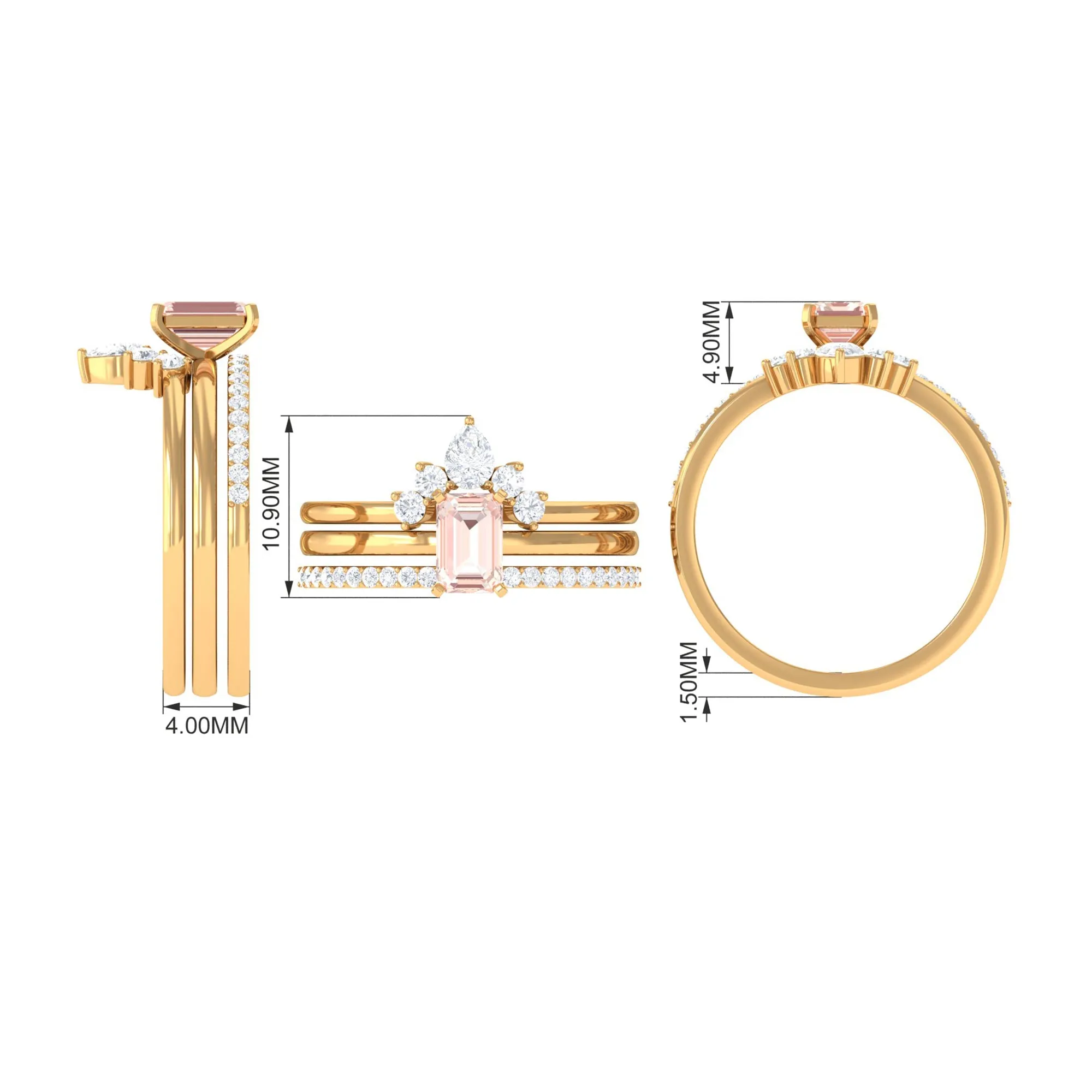 Emerald Cut Morganite Solitaire Ring Set of 3 with Diamond
