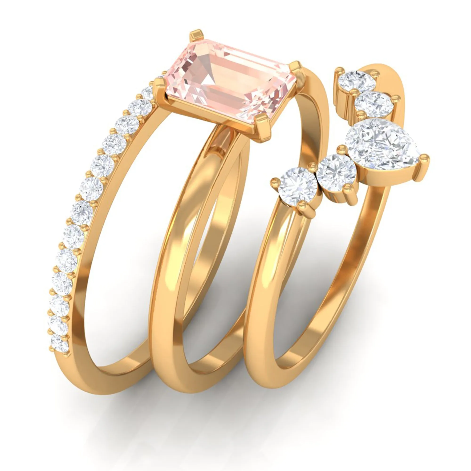Emerald Cut Morganite Solitaire Ring Set of 3 with Diamond