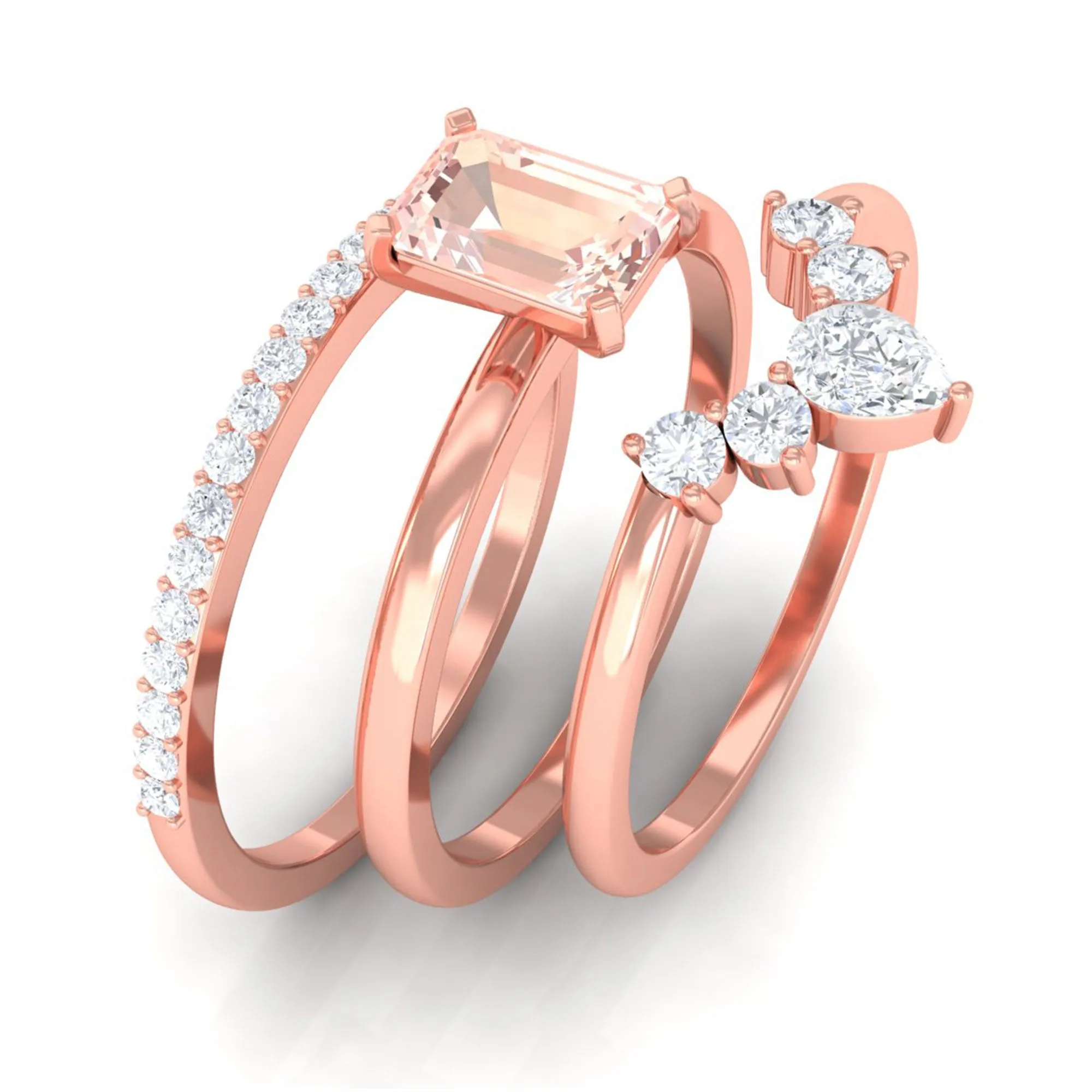 Emerald Cut Morganite Solitaire Ring Set of 3 with Diamond