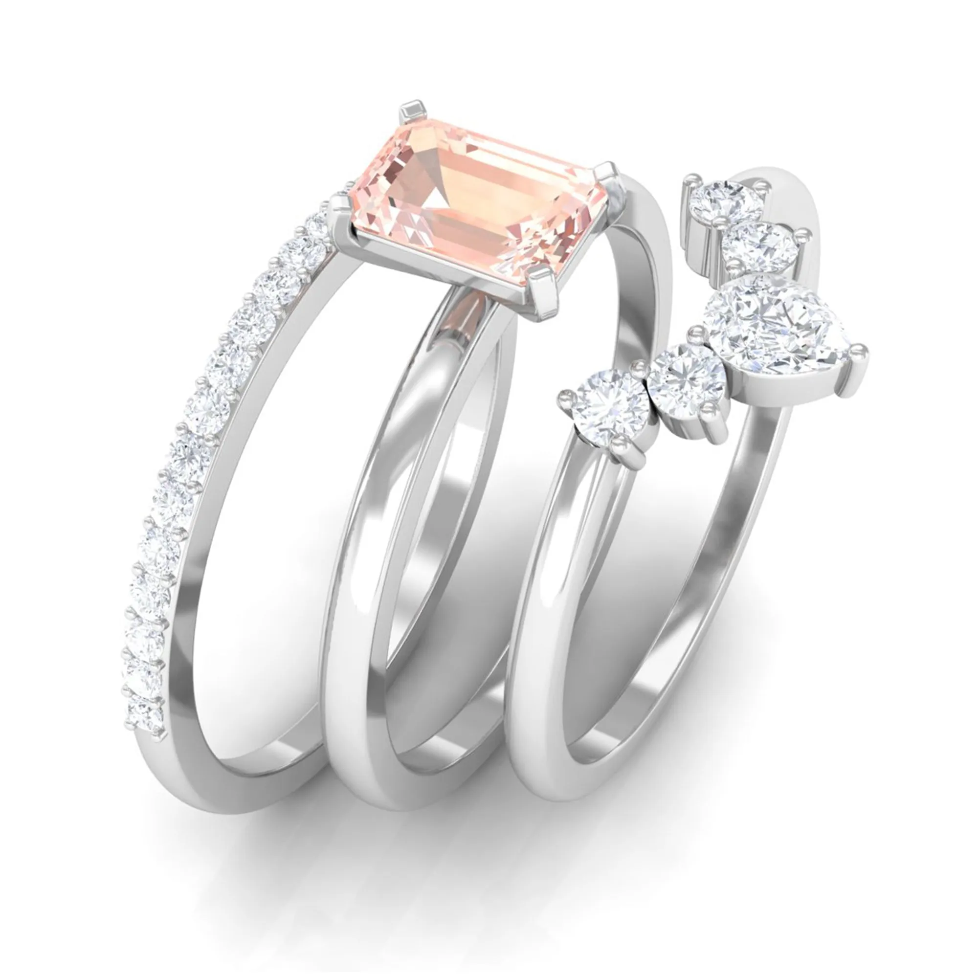 Emerald Cut Morganite Solitaire Ring Set of 3 with Diamond
