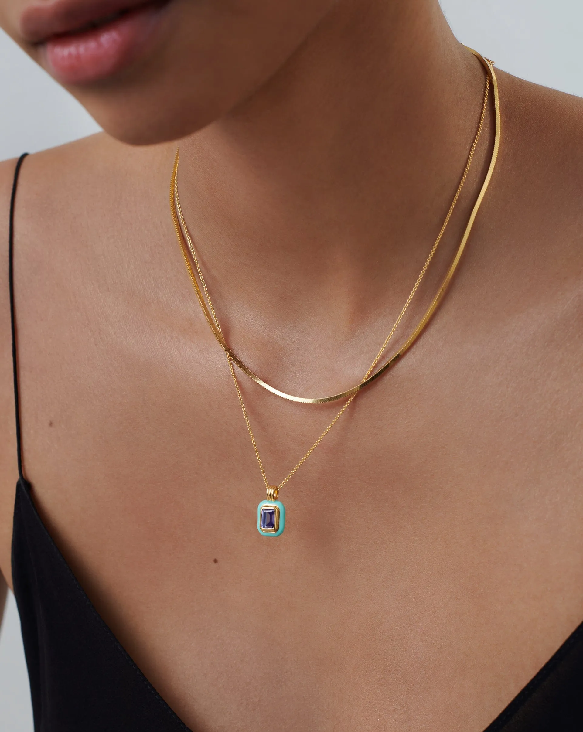 Enamel & Stone Pendant Necklace | 18k Gold Vermeil/Dark Blue Cubic Zirconia
