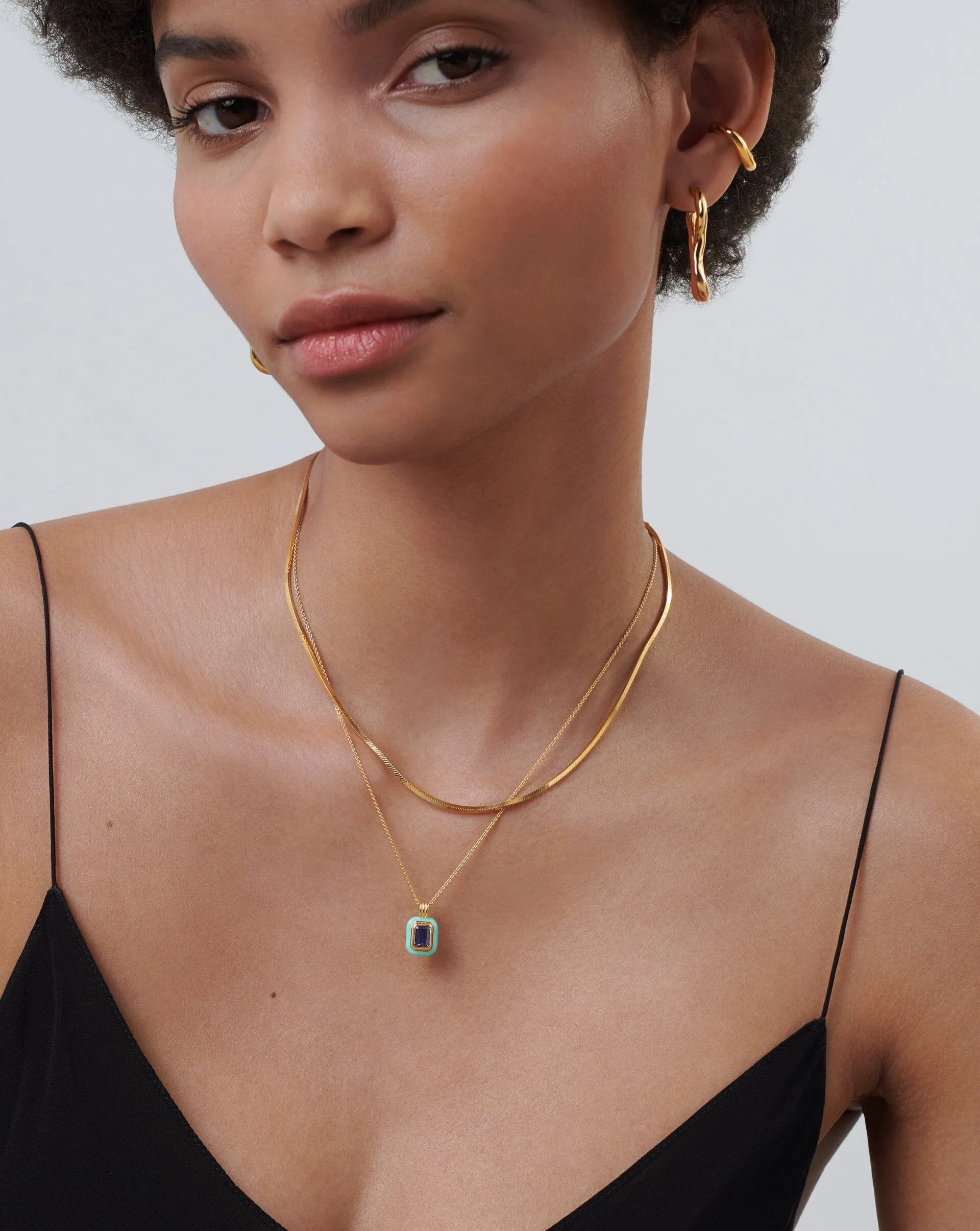 Enamel & Stone Pendant Necklace | 18k Gold Vermeil/Dark Blue Cubic Zirconia