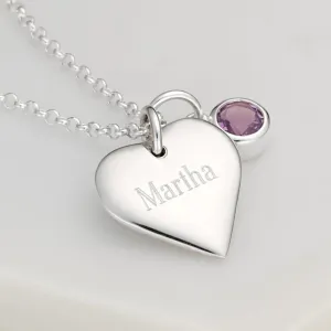 Engraved Heart & Birthstone Necklace