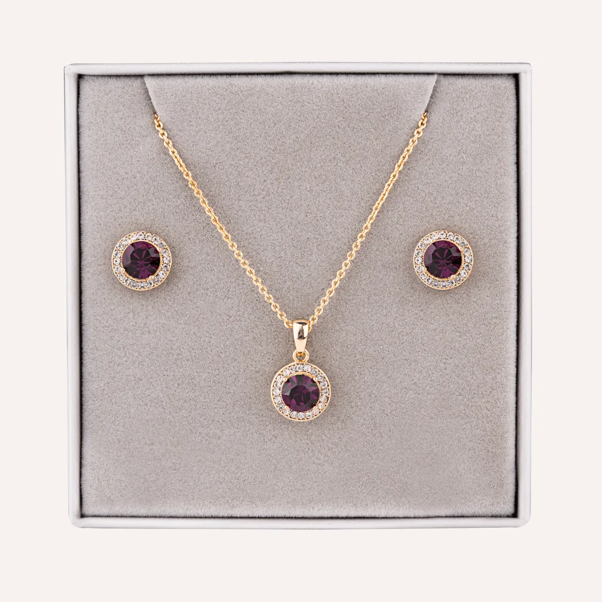 February Amethyst-Colour Birthstone Necklace & Earring Set In Gold-Tone