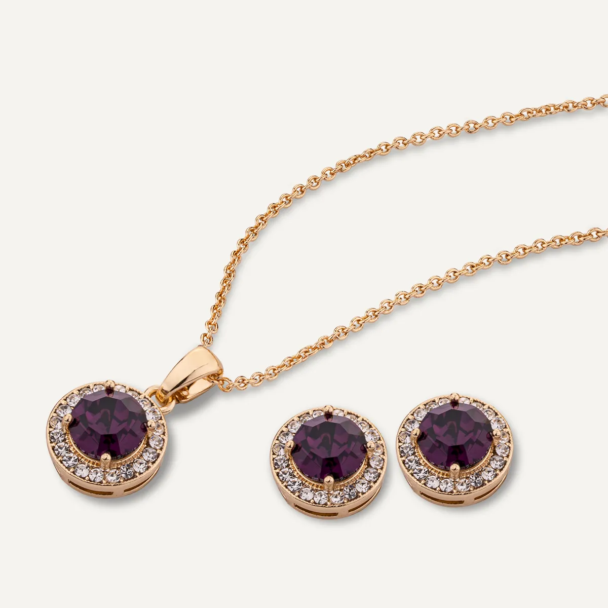 February Amethyst-Colour Birthstone Necklace & Earring Set In Gold-Tone
