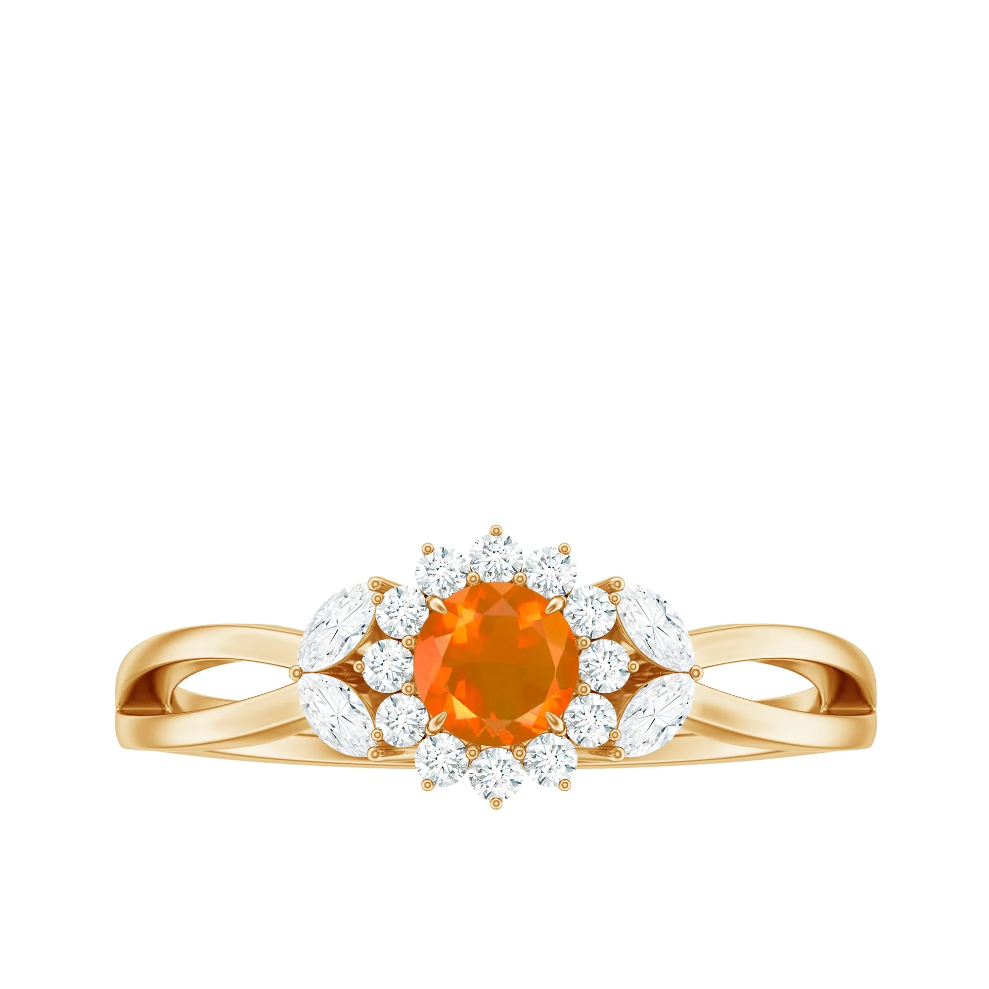 Fire Opal and Diamond Flower Engagement Ring with Split Shank
