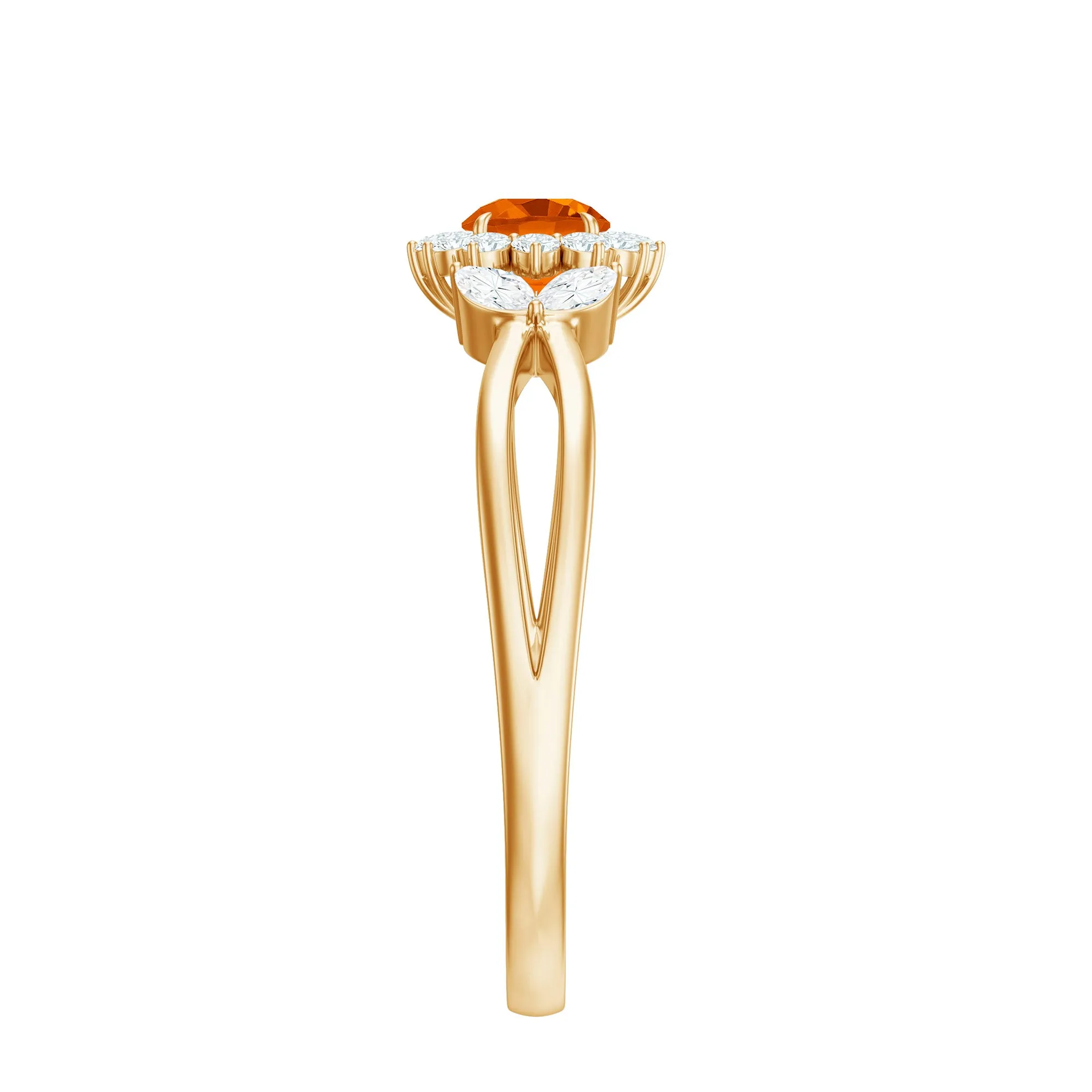 Fire Opal and Diamond Flower Engagement Ring with Split Shank