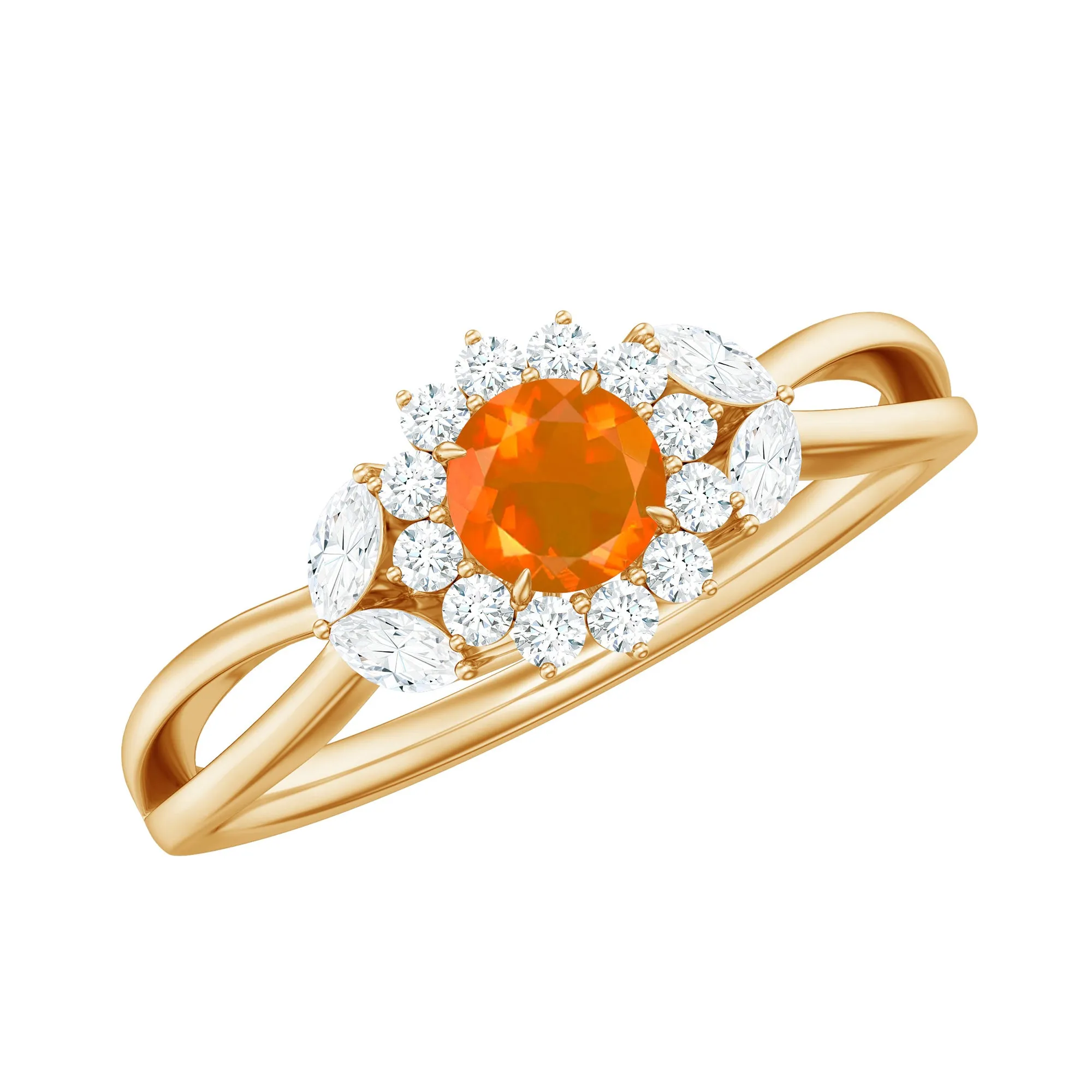 Fire Opal and Diamond Flower Engagement Ring with Split Shank