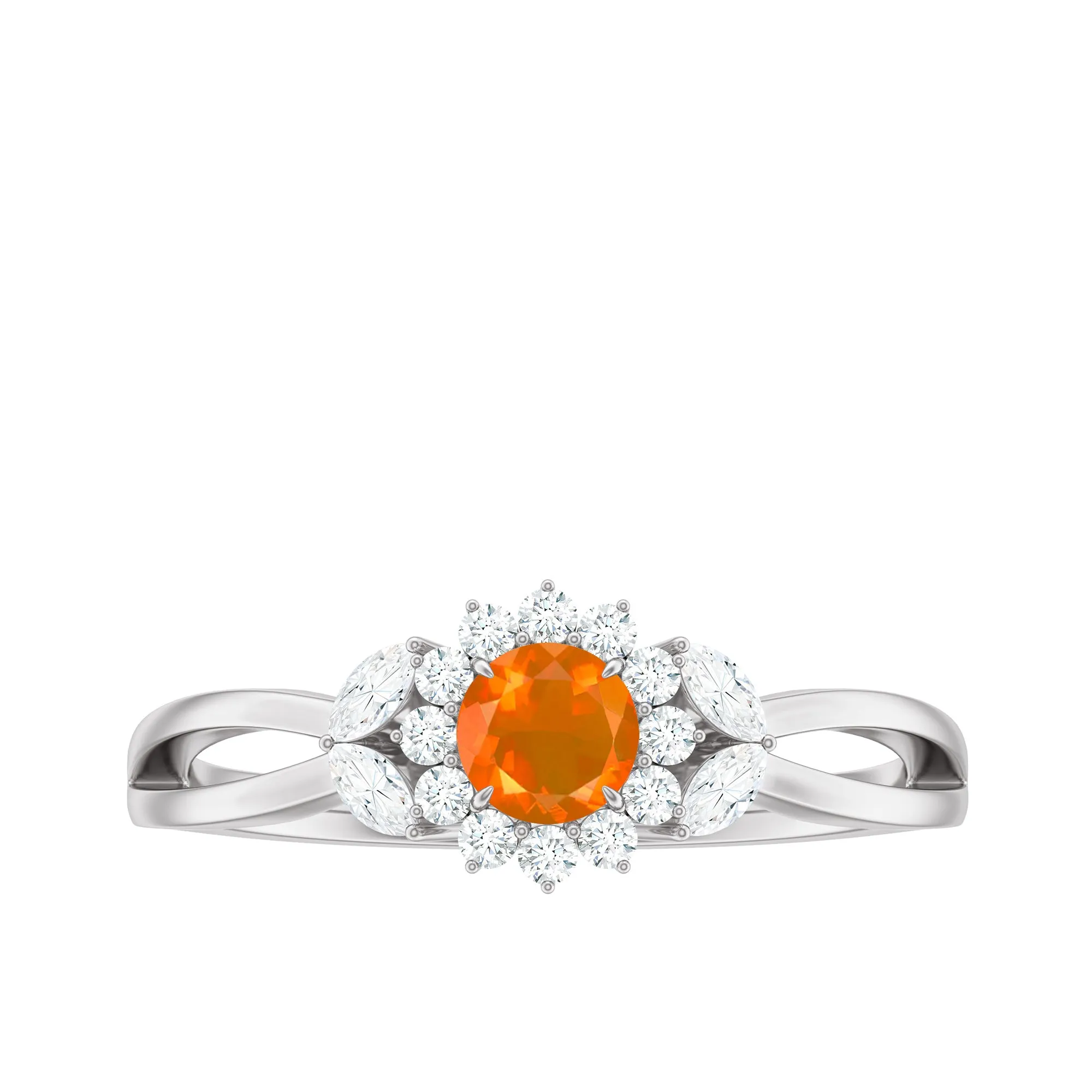 Fire Opal and Diamond Flower Engagement Ring with Split Shank
